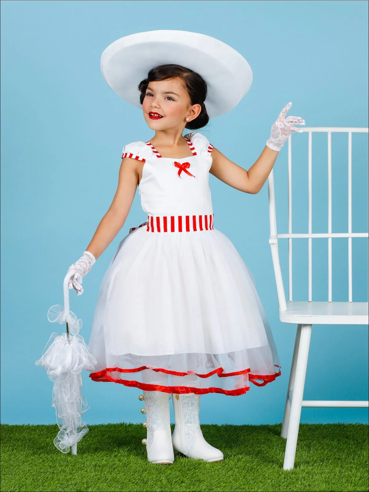 Girls Mary Poppins Inspired Striped Costume Dress with Lace Gloves - Image 3
