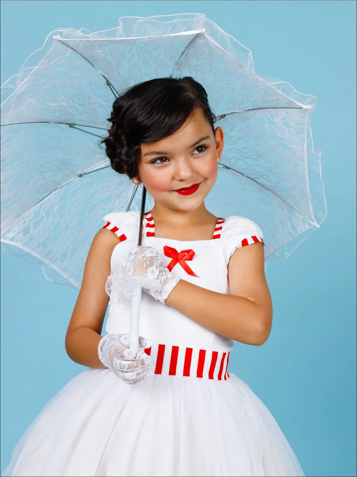 Girls Mary Poppins Inspired Striped Costume Dress with Lace Gloves - Image 4