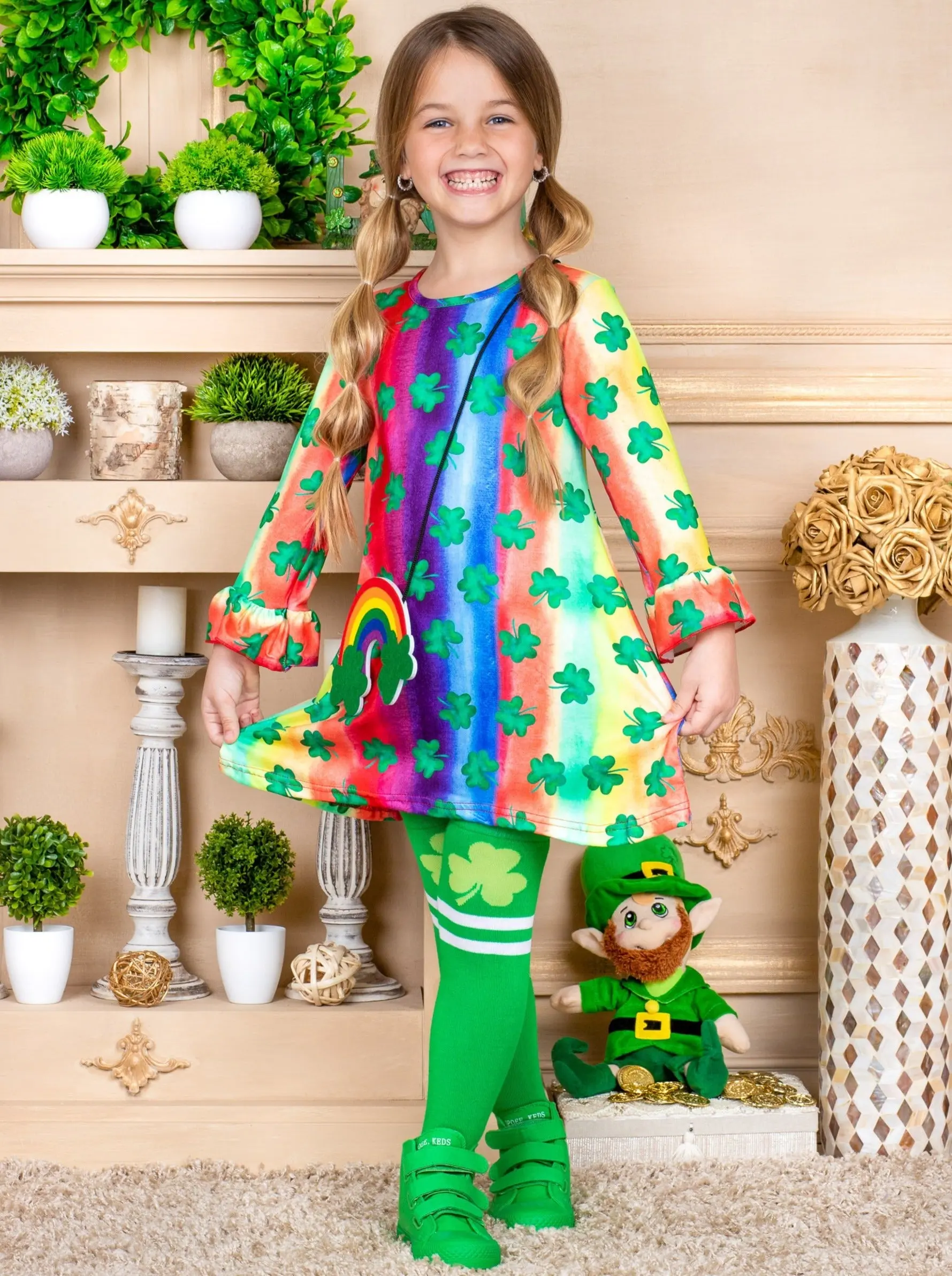 Cutest Clover Rainbow Print Dress, Purse and Socks Set - Image 2