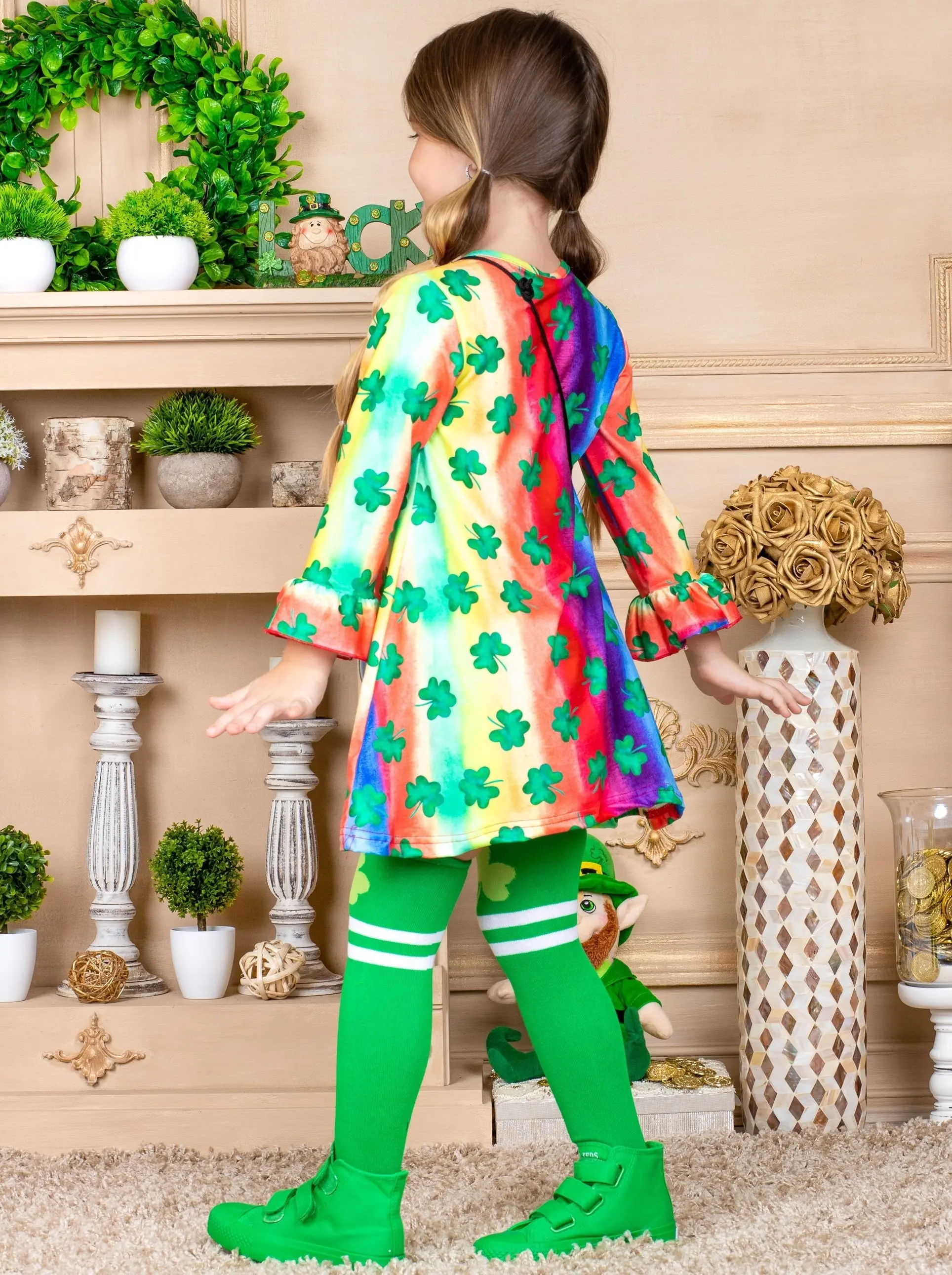 Cutest Clover Rainbow Print Dress, Purse and Socks Set - Image 3