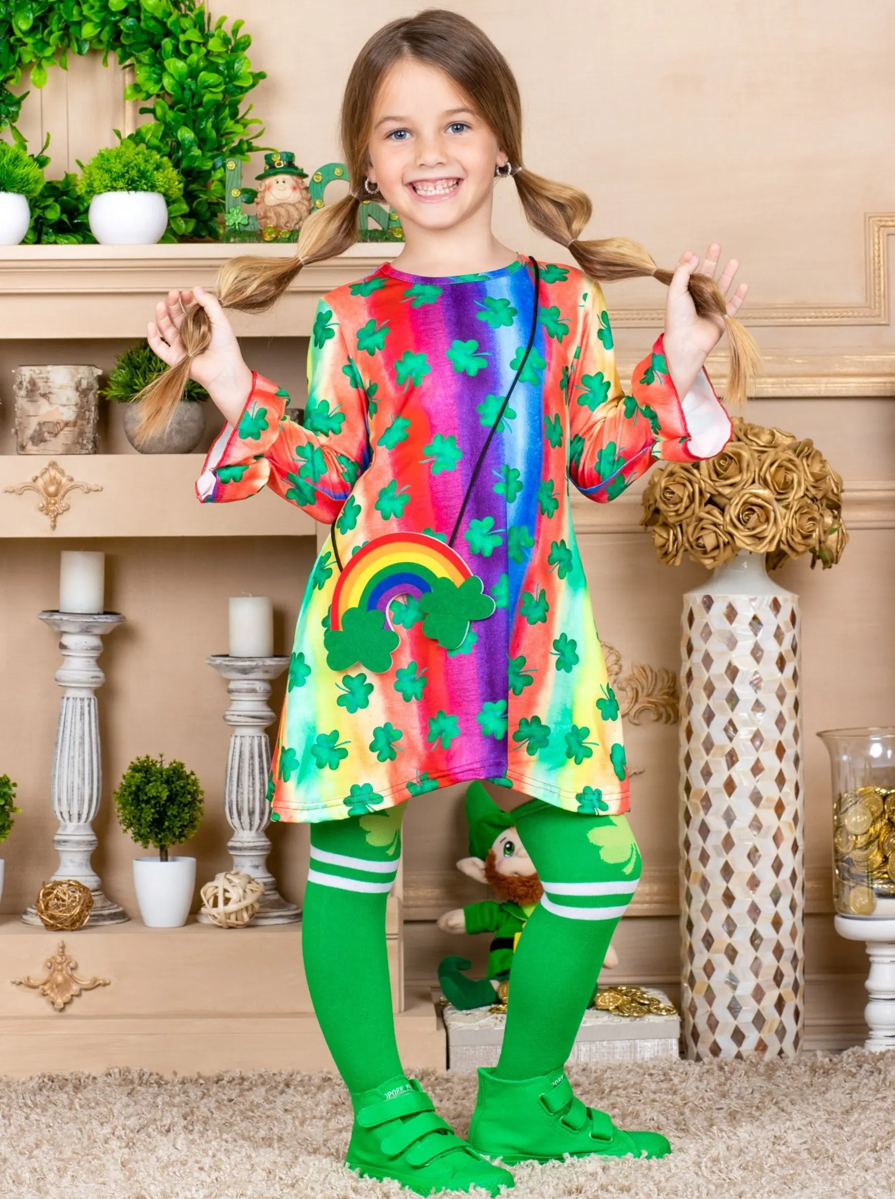 Cutest Clover Rainbow Print Dress, Purse and Socks Set - Image 4