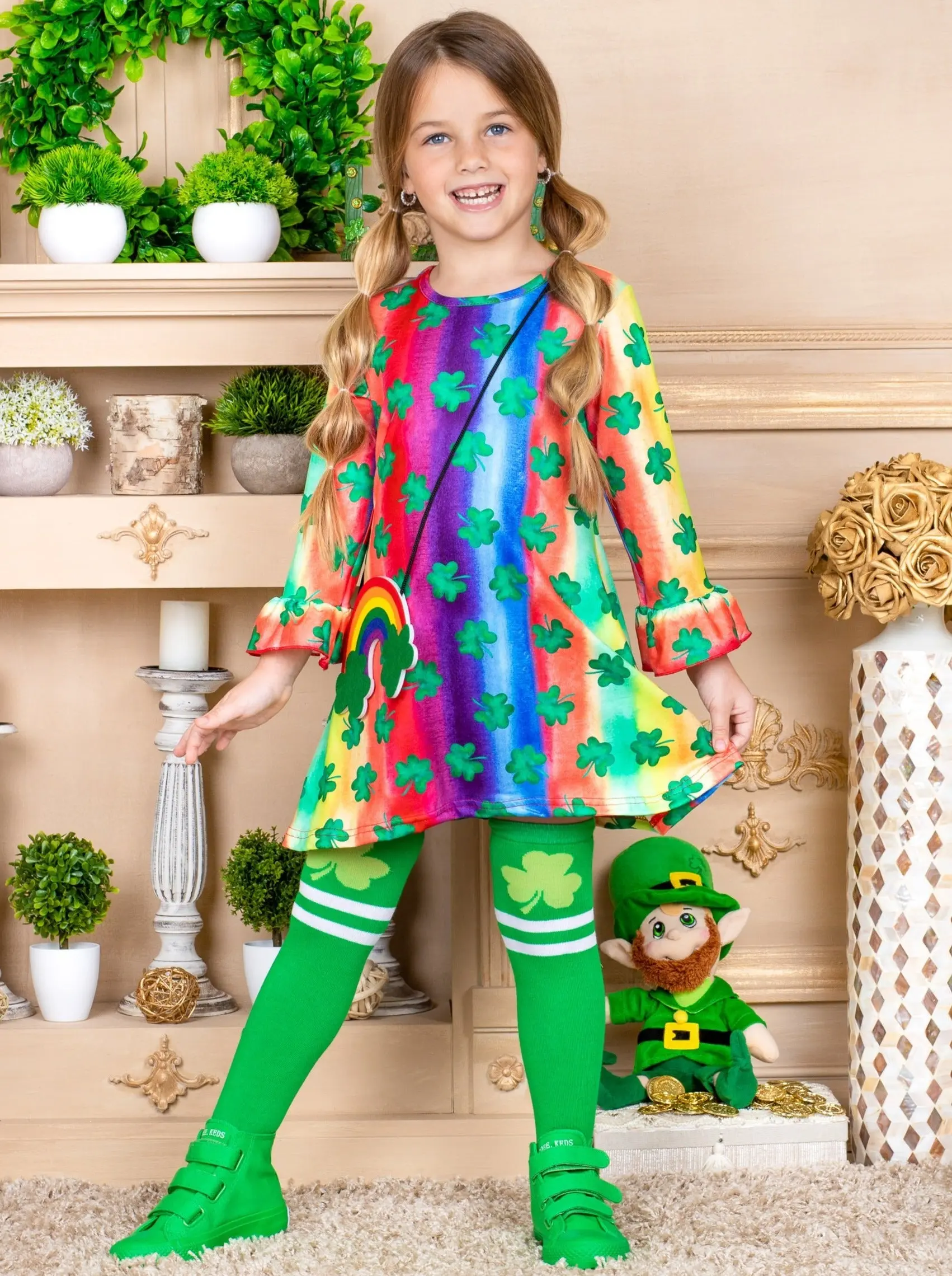 Cutest Clover Rainbow Print Dress, Purse and Socks Set - Image 5