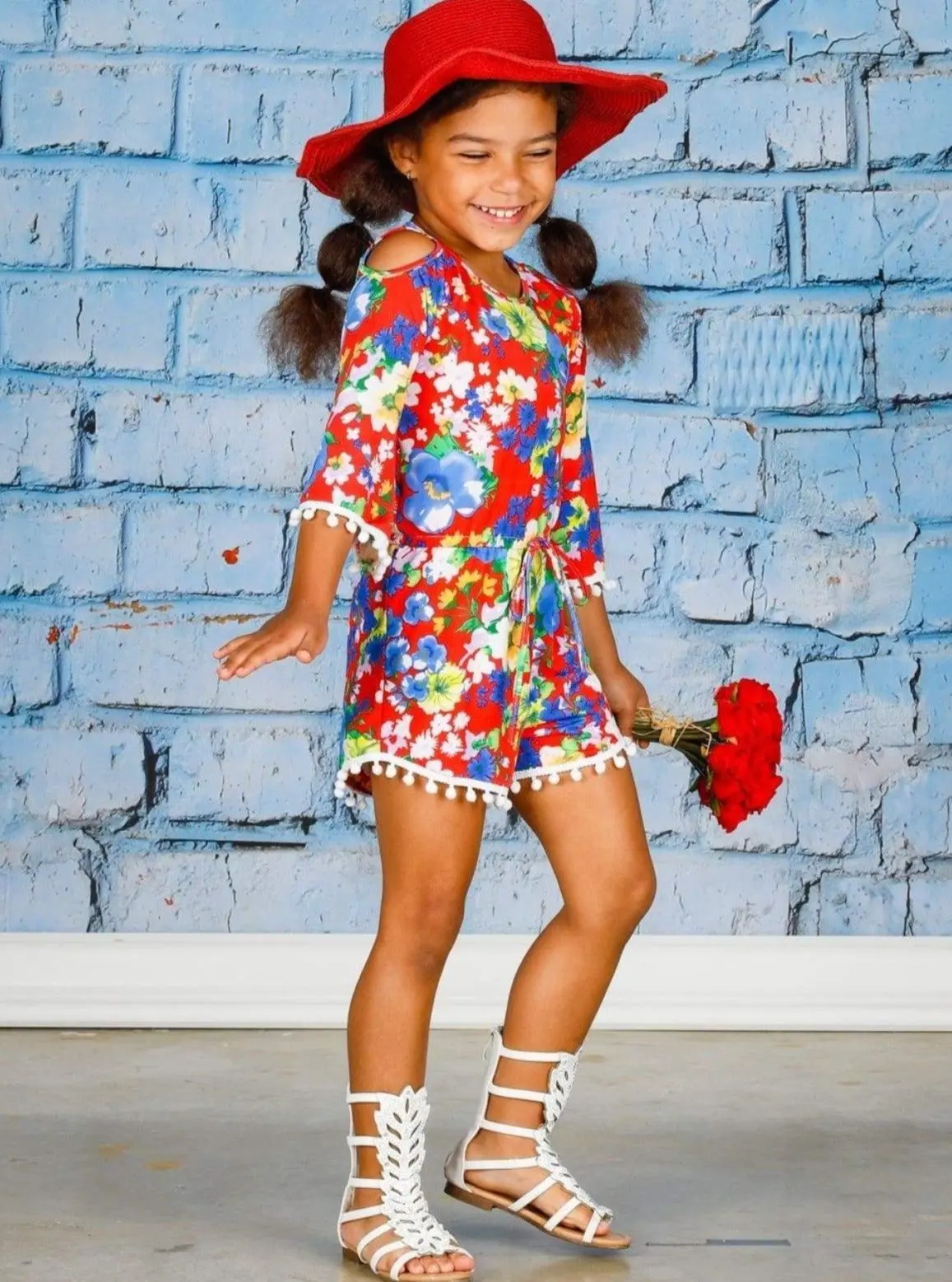 Fancy Flower Cold Shoulder Drawstring Romper - Image 10