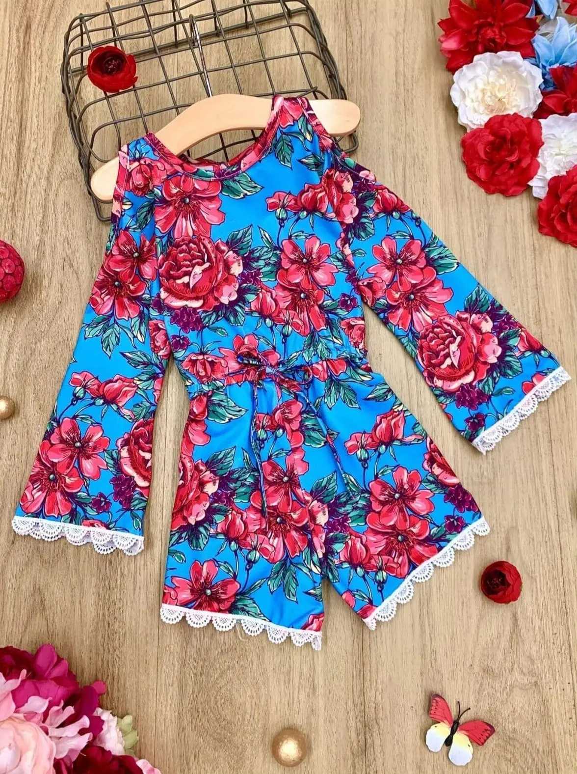 Fancy Flower Cold Shoulder Drawstring Romper - Image 3