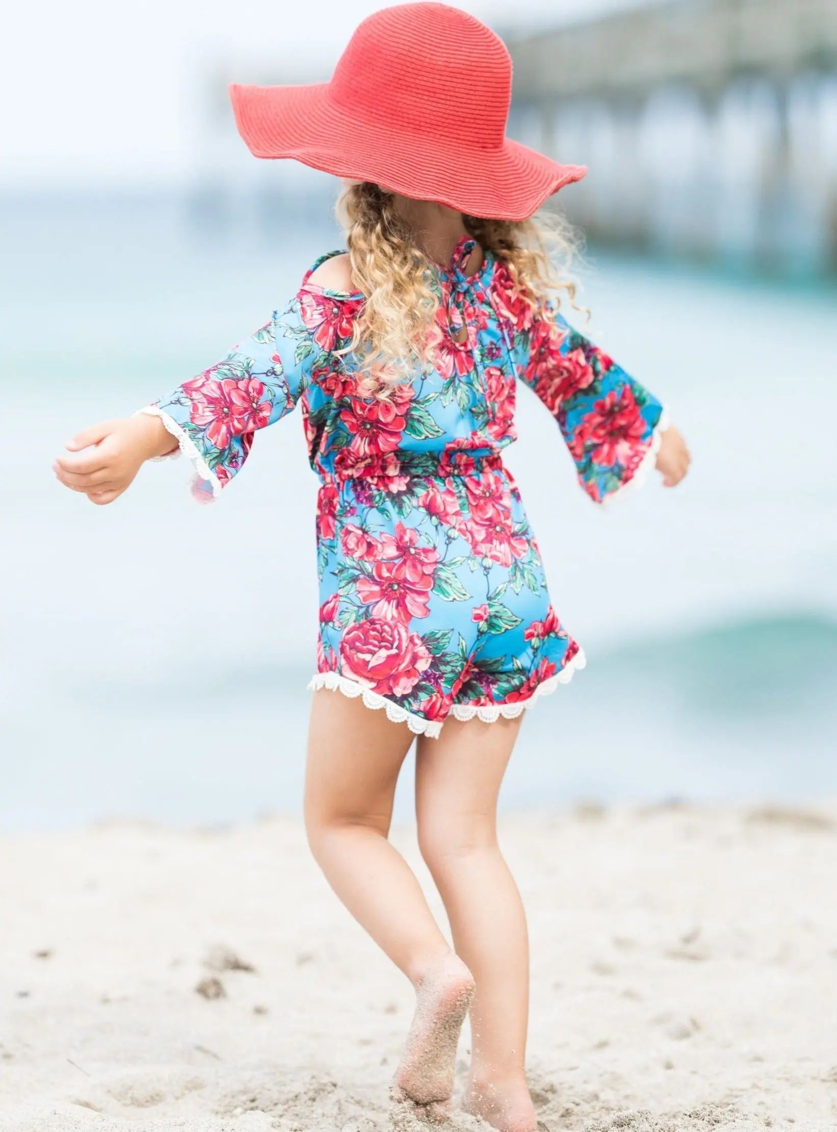 Fancy Flower Cold Shoulder Drawstring Romper - Image 4