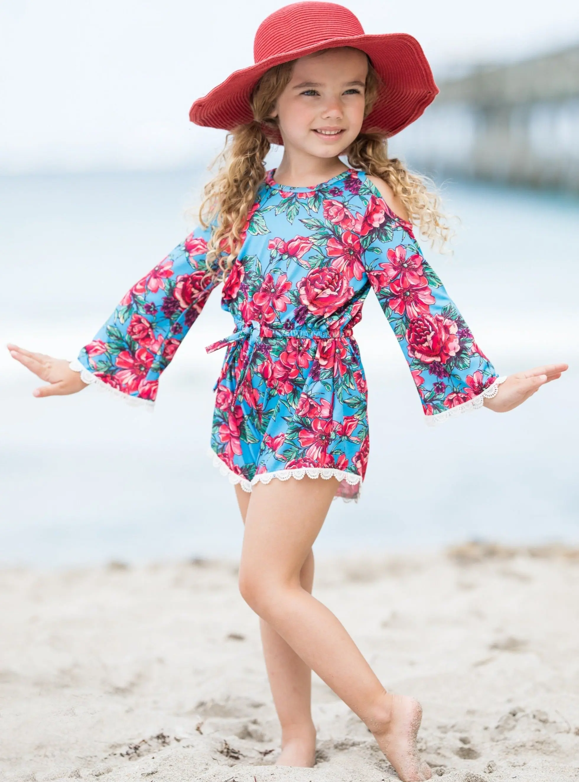 Fancy Flower Cold Shoulder Drawstring Romper - Image 5