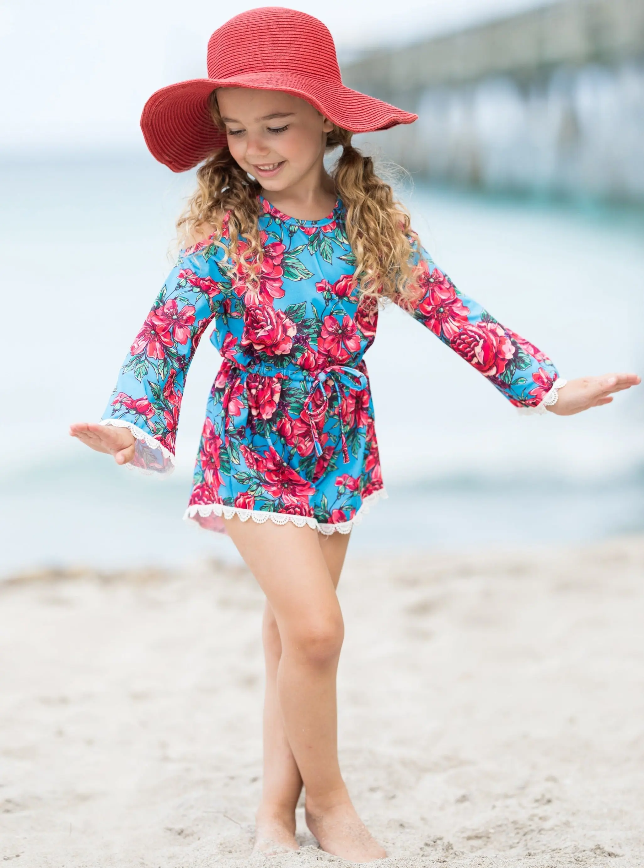 Fancy Flower Cold Shoulder Drawstring Romper - Image 6