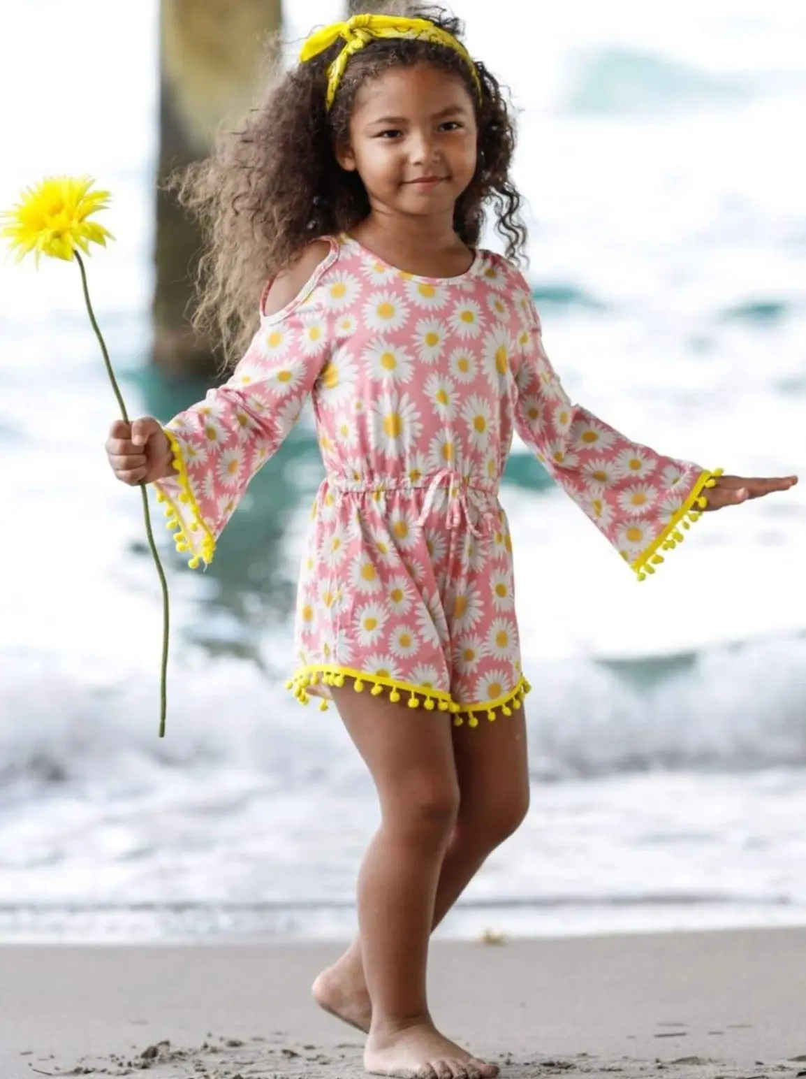 Fancy Flower Cold Shoulder Drawstring Romper - Image 7