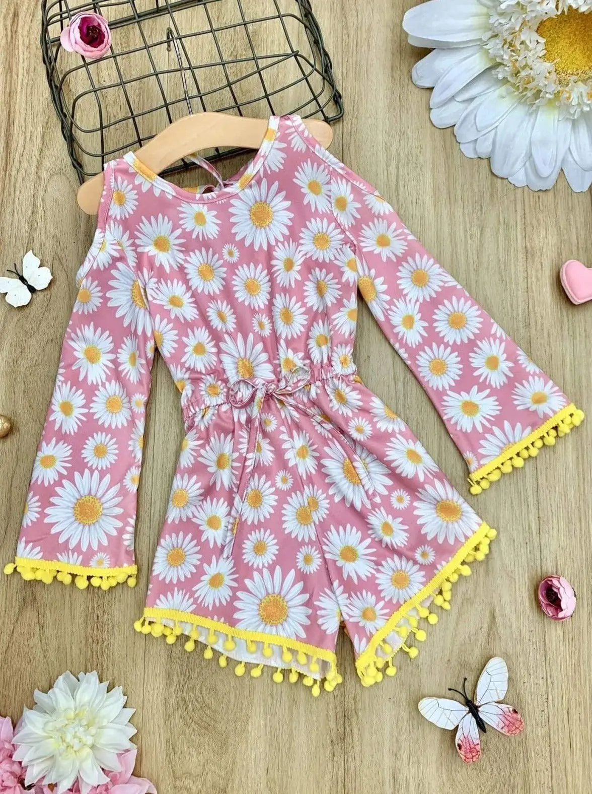 Fancy Flower Cold Shoulder Drawstring Romper - Image 8