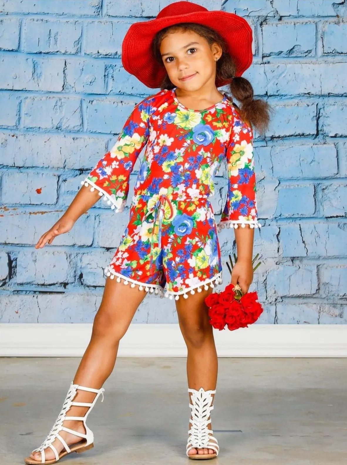 Fancy Flower Cold Shoulder Drawstring Romper - Image 9