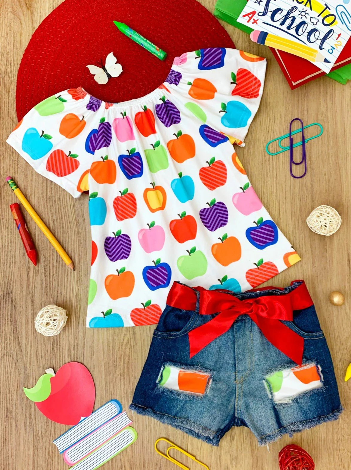Rainbow Apples Patched Denim Short Set - Image 4