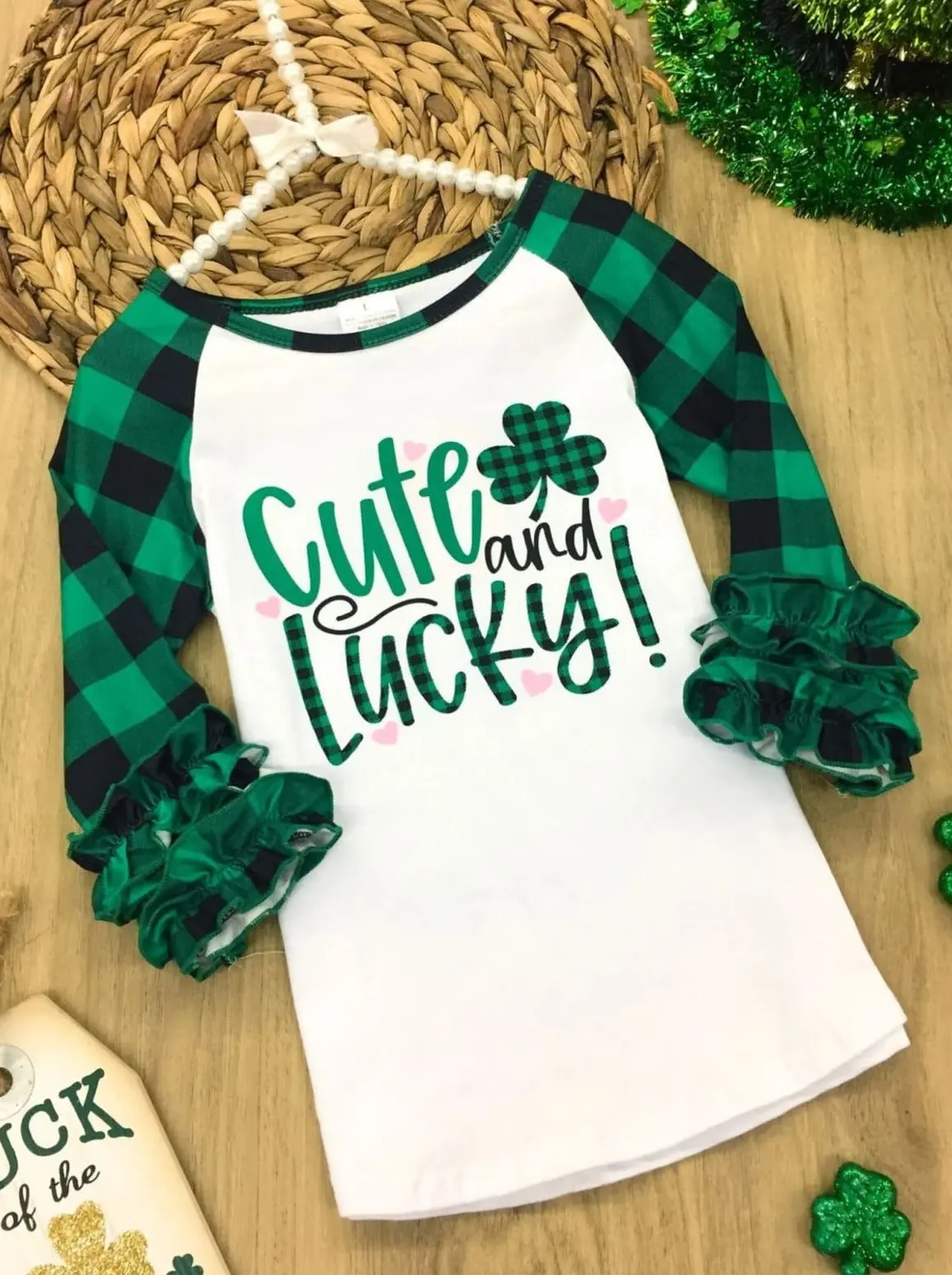 Cute and Lucky Plaid Raglan Ruffle Top - Image 2