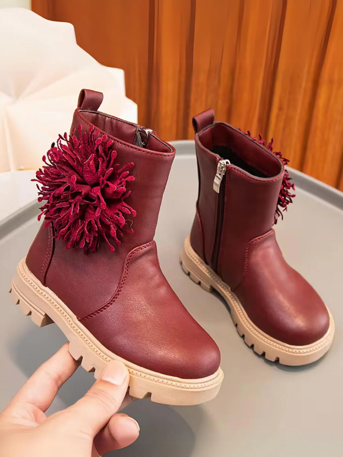 Girls Cute Non-slip Boots with Flower and Side Zipper By Liv and Mia - Image 2