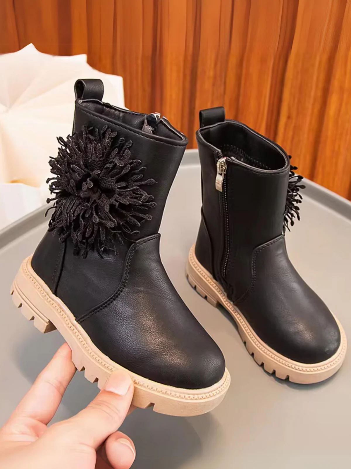 Girls Cute Non-slip Boots with Flower and Side Zipper By Liv and Mia - Image 4