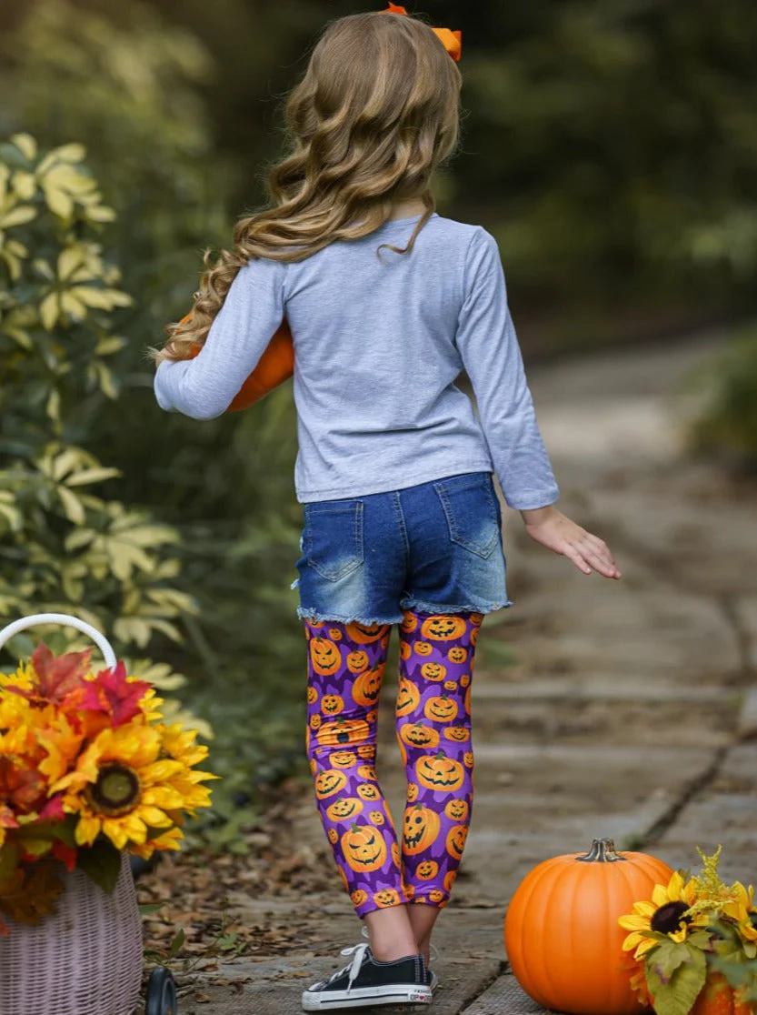 Cutest Pumpkin Patched Denim Shorts and Legging Set - Image 3