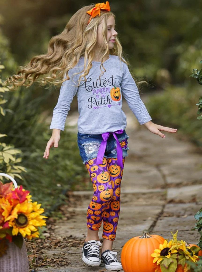Cutest Pumpkin Patched Denim Shorts and Legging Set - Image 4