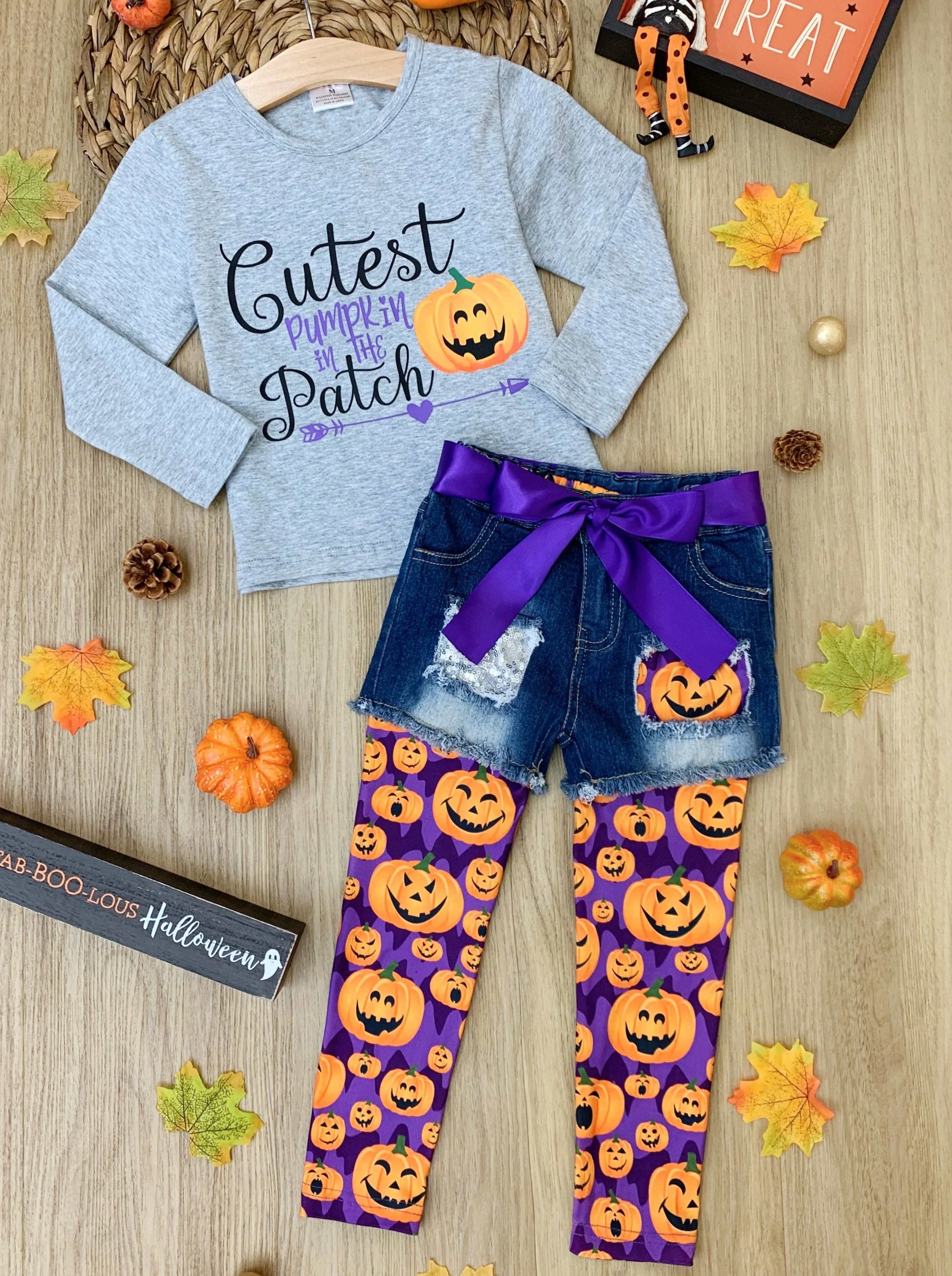 Cutest Pumpkin Patched Denim Shorts and Legging Set - Image 5