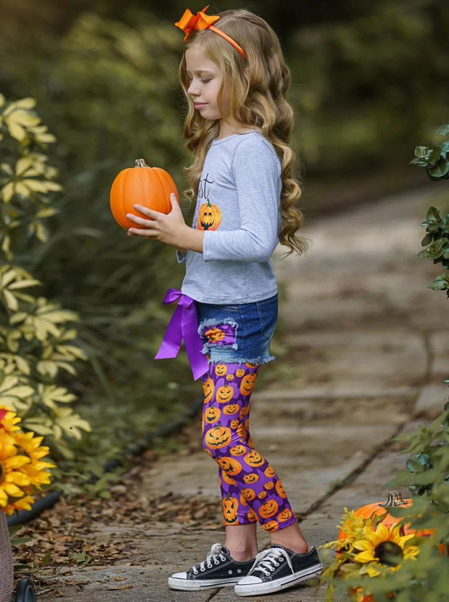 Cutest Pumpkin Patched Denim Shorts and Legging Set - Image 6