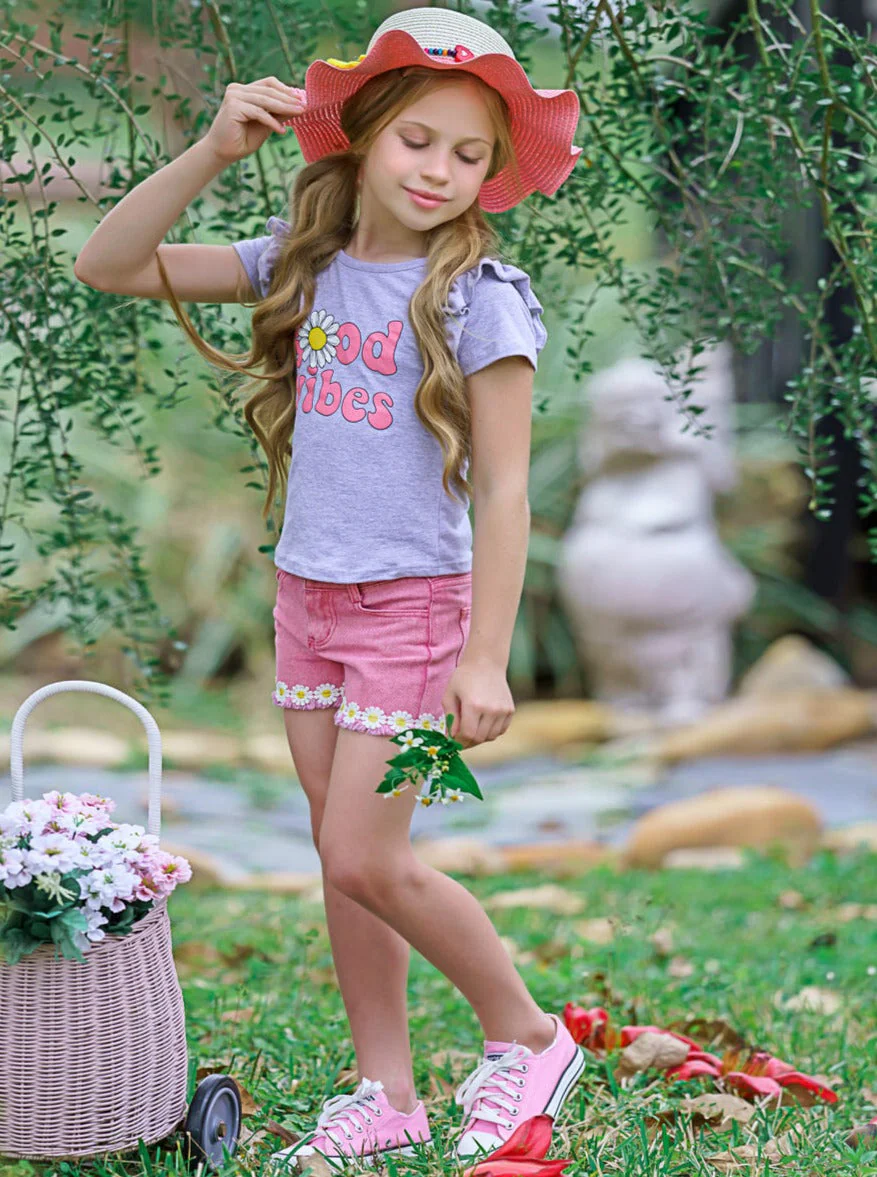 Good Vibes Daisy Denim Shorts Set - Image 3