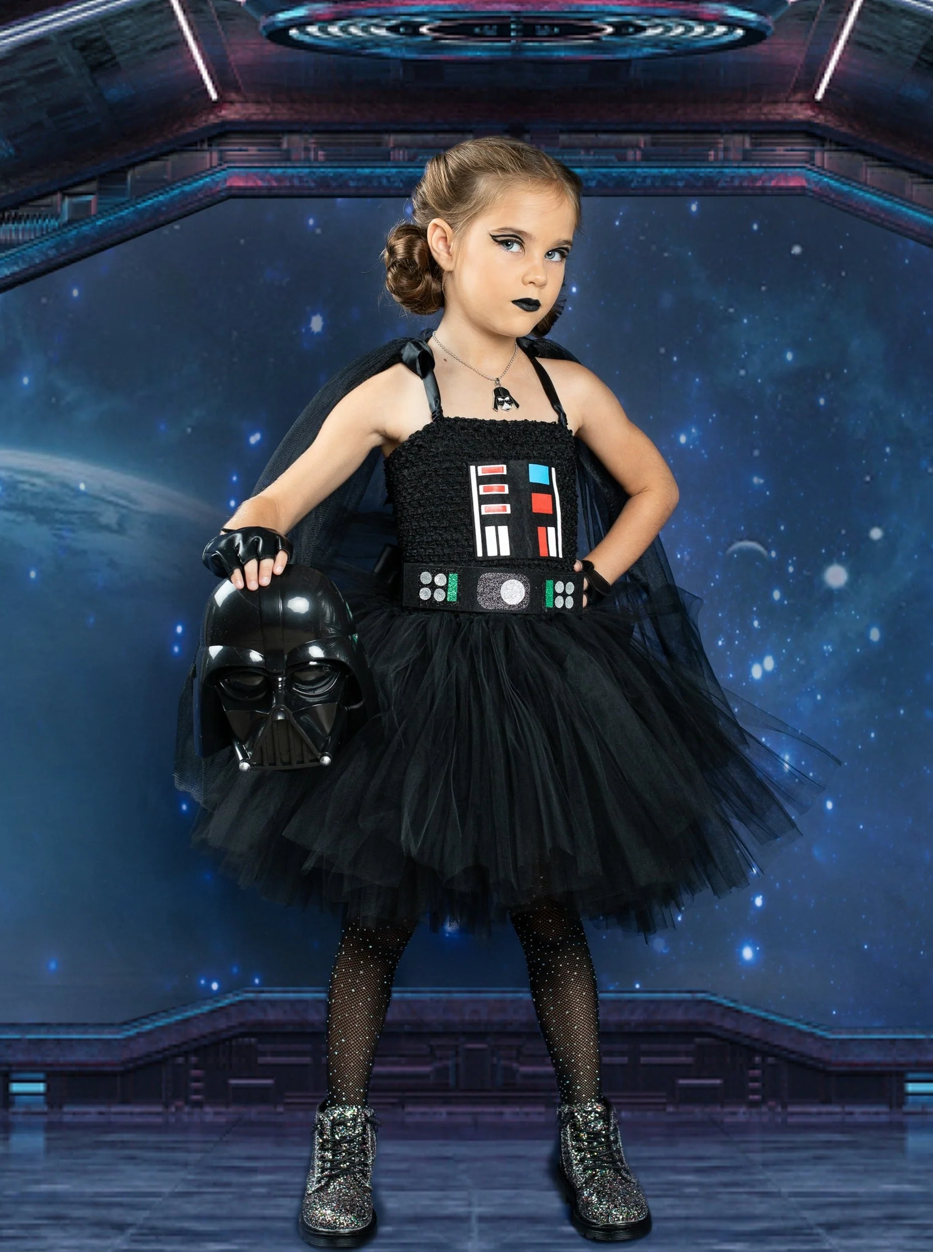 Girls Dark Star Villain Tutu Costume Dress with Cape - Image 3