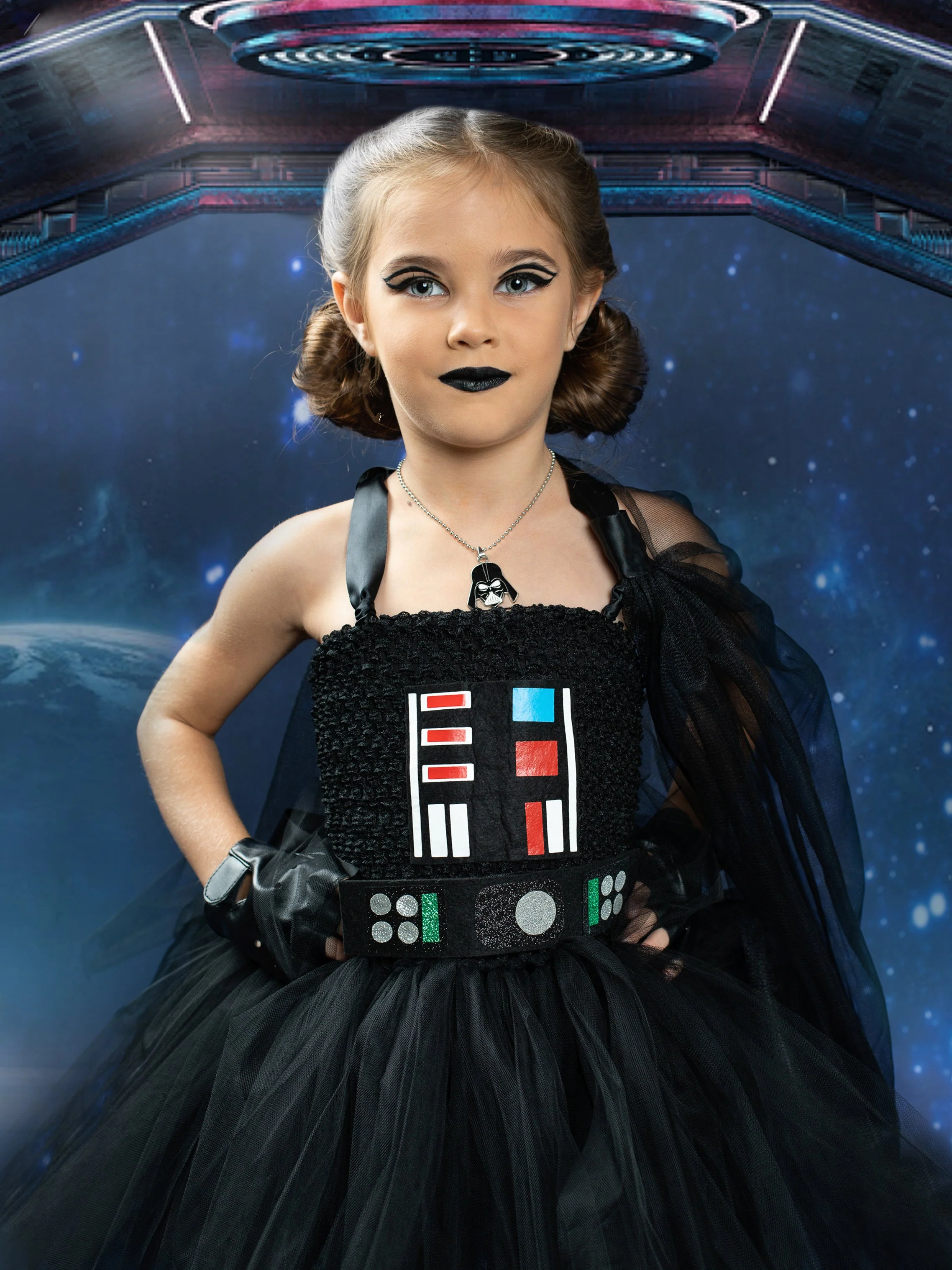Girls Dark Star Villain Tutu Costume Dress with Cape - Image 4