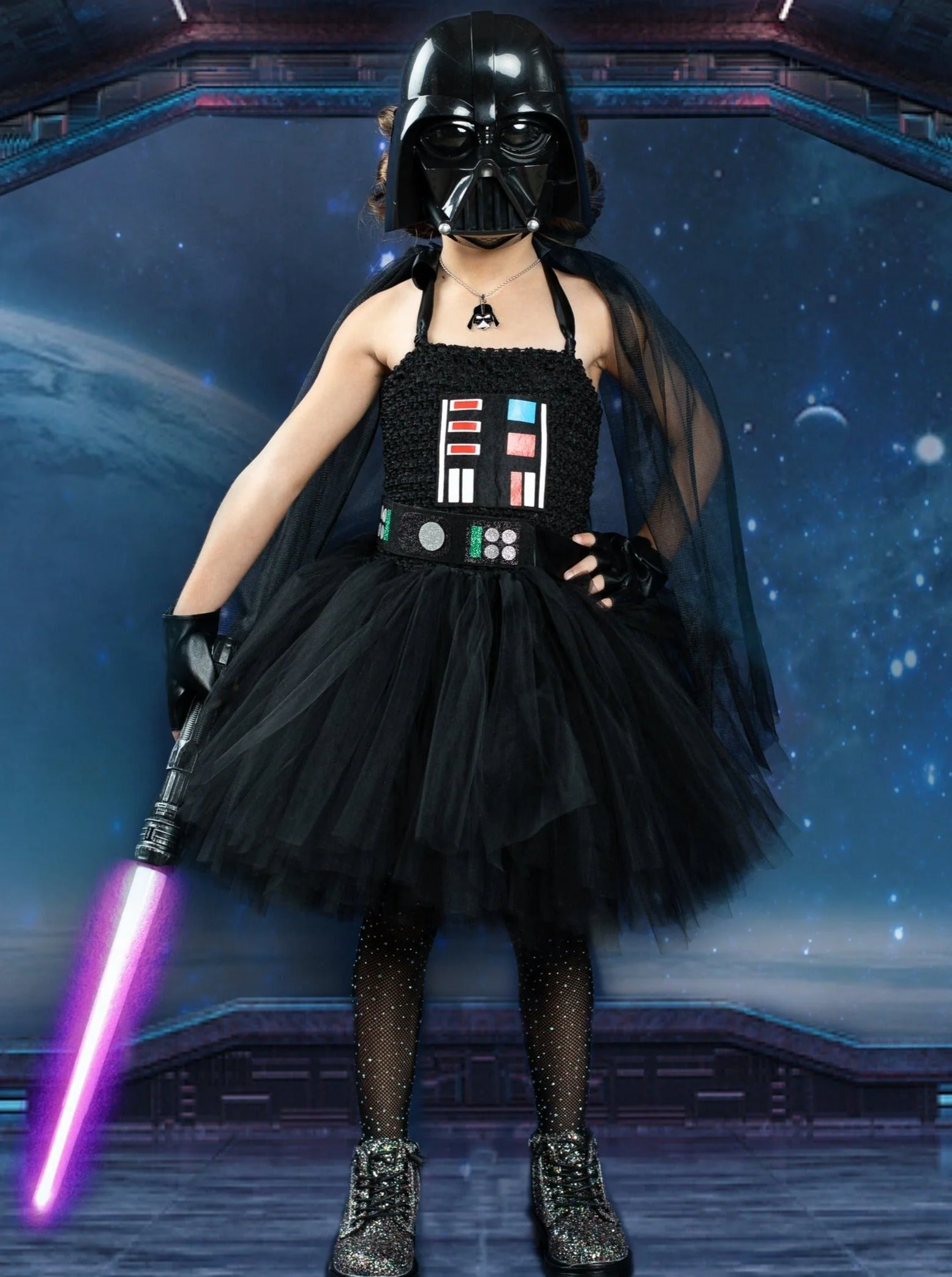 Girls Dark Star Villain Tutu Costume Dress with Cape - Image 5