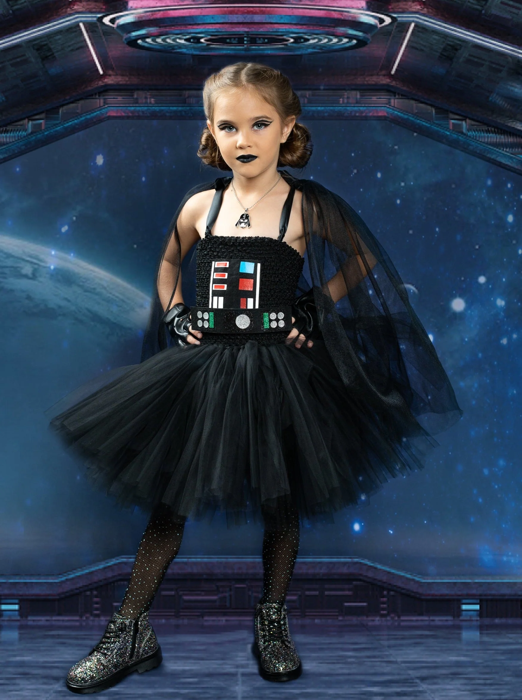 Girls Dark Star Villain Tutu Costume Dress with Cape - Image 6