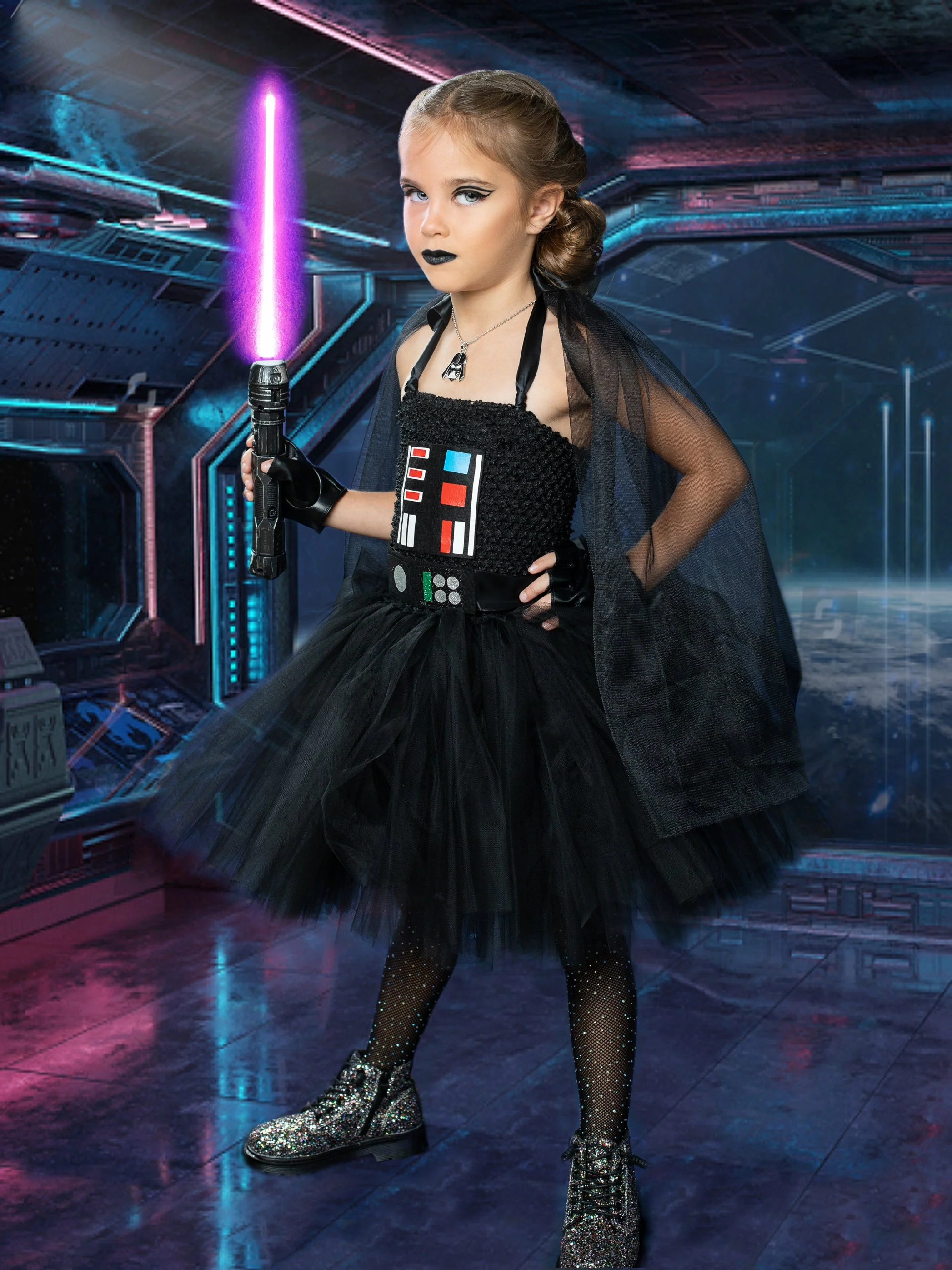 Girls Dark Star Villain Tutu Costume Dress with Cape - Image 7