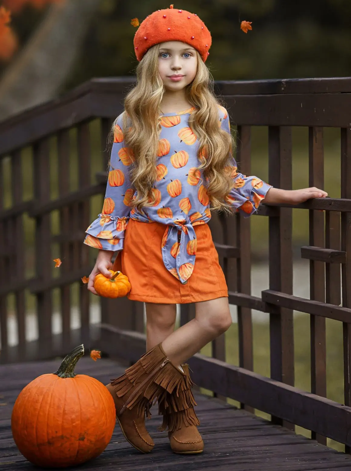Pick of the Patch Knot Hem Top and Buttoned Skirt Set - Image 3