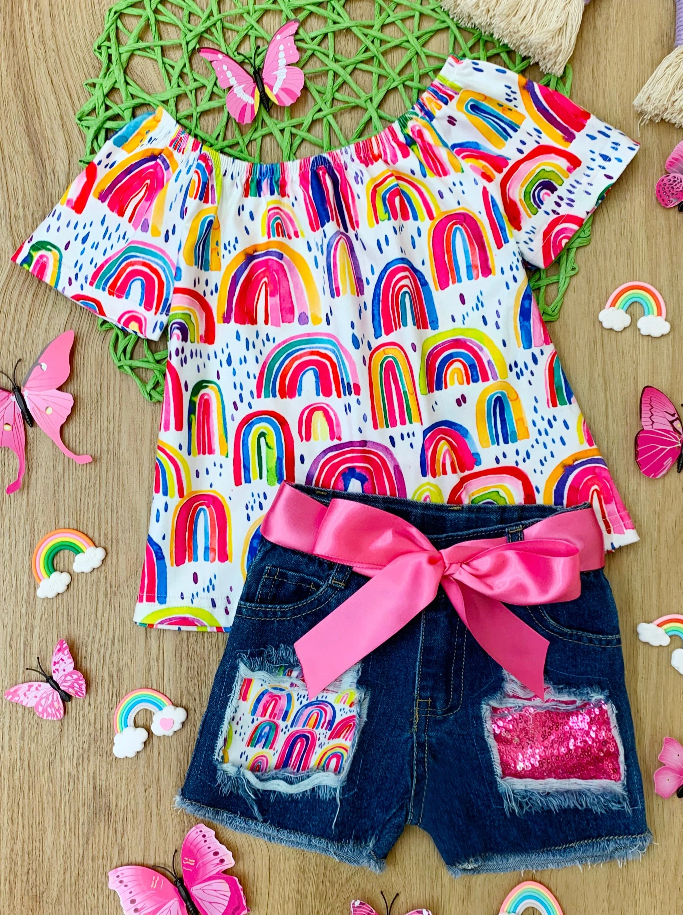 Drawn to Rainbows Patched Denim Shorts Set - Image 3