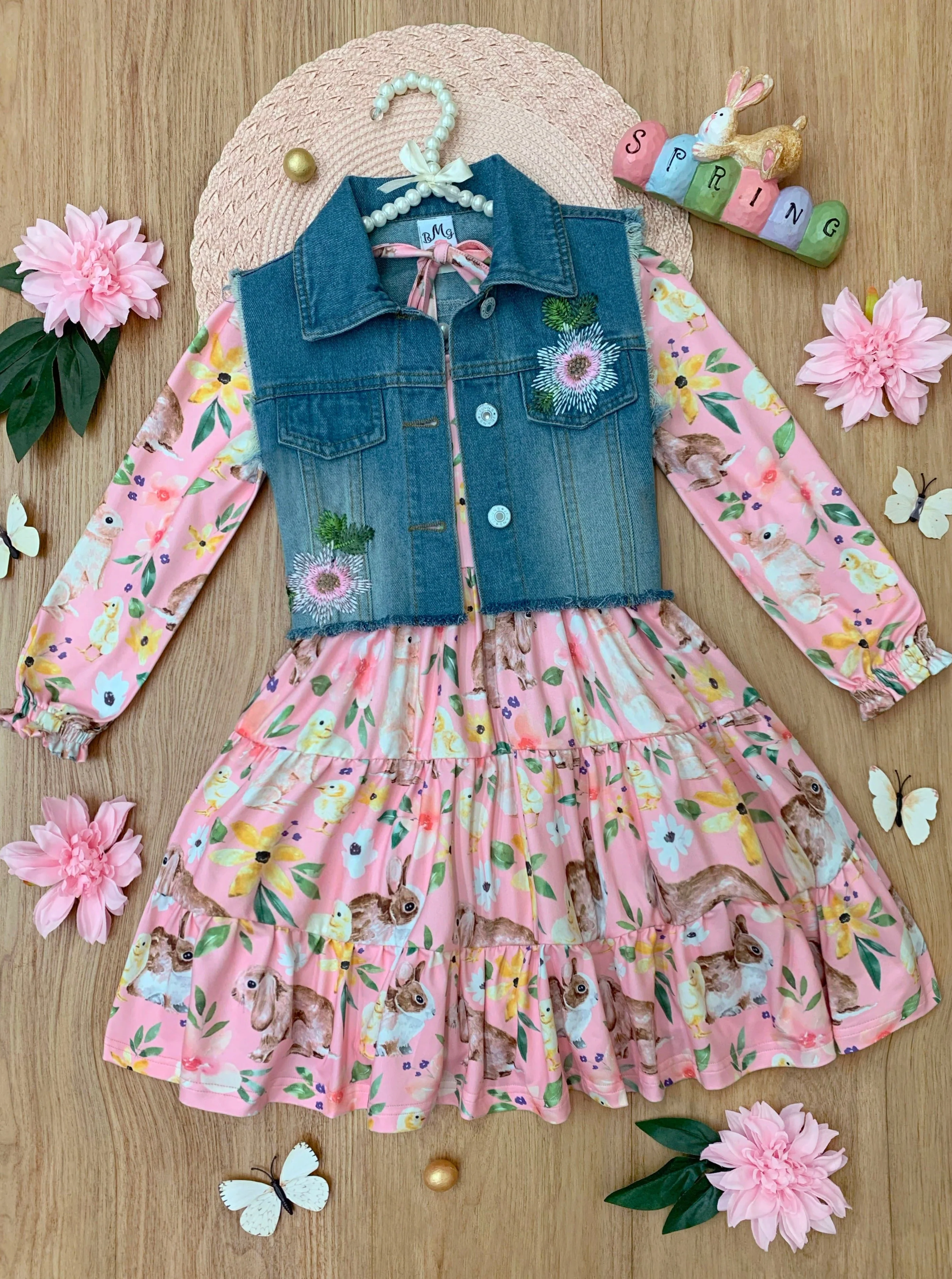 My Sweet Spring Denim Vest And Floral Bunny Dress Set - Image 3