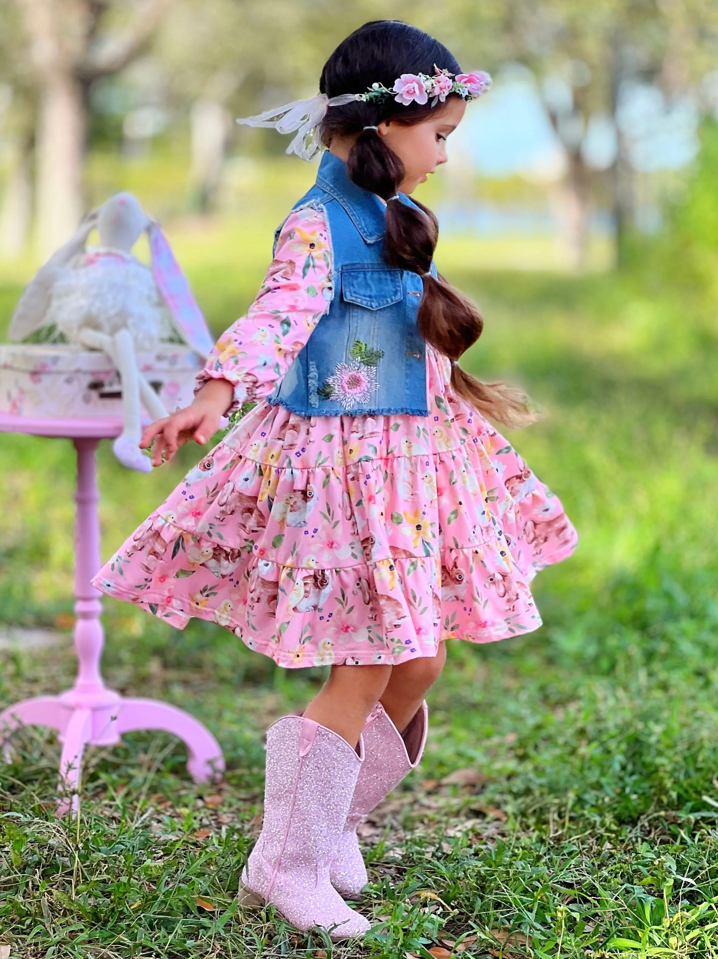 My Sweet Spring Denim Vest And Floral Bunny Dress Set - Image 4