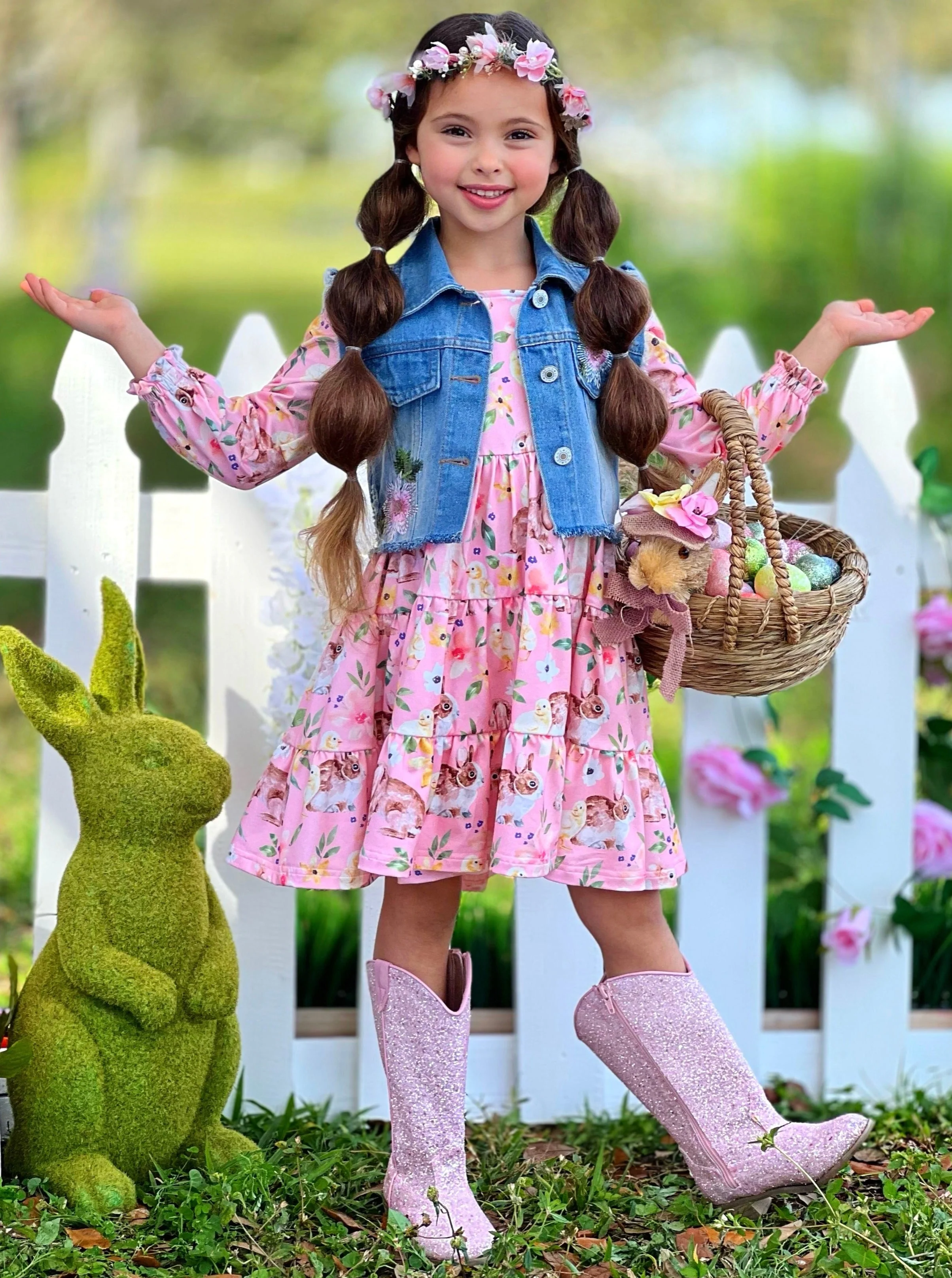My Sweet Spring Denim Vest And Floral Bunny Dress Set - Image 5