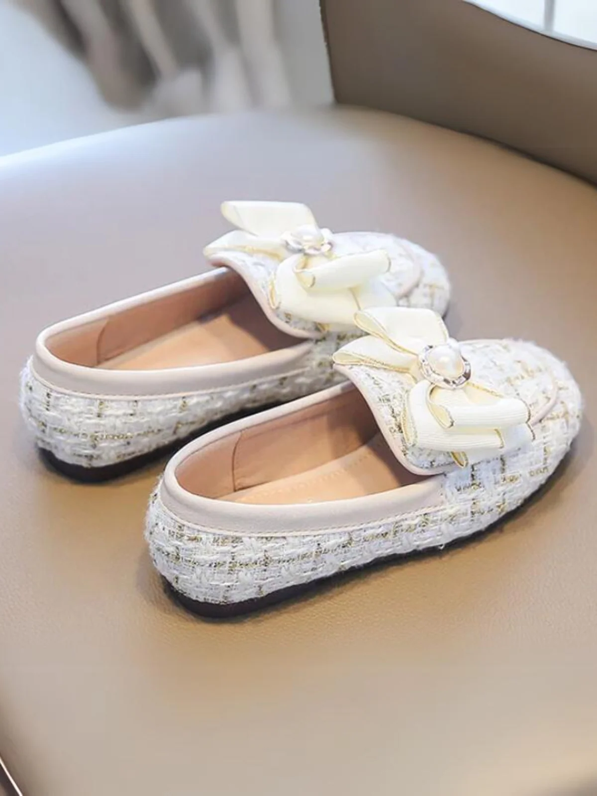 Girls Elegant Tweed Bow Loafers by Liv and Mia - Image 3