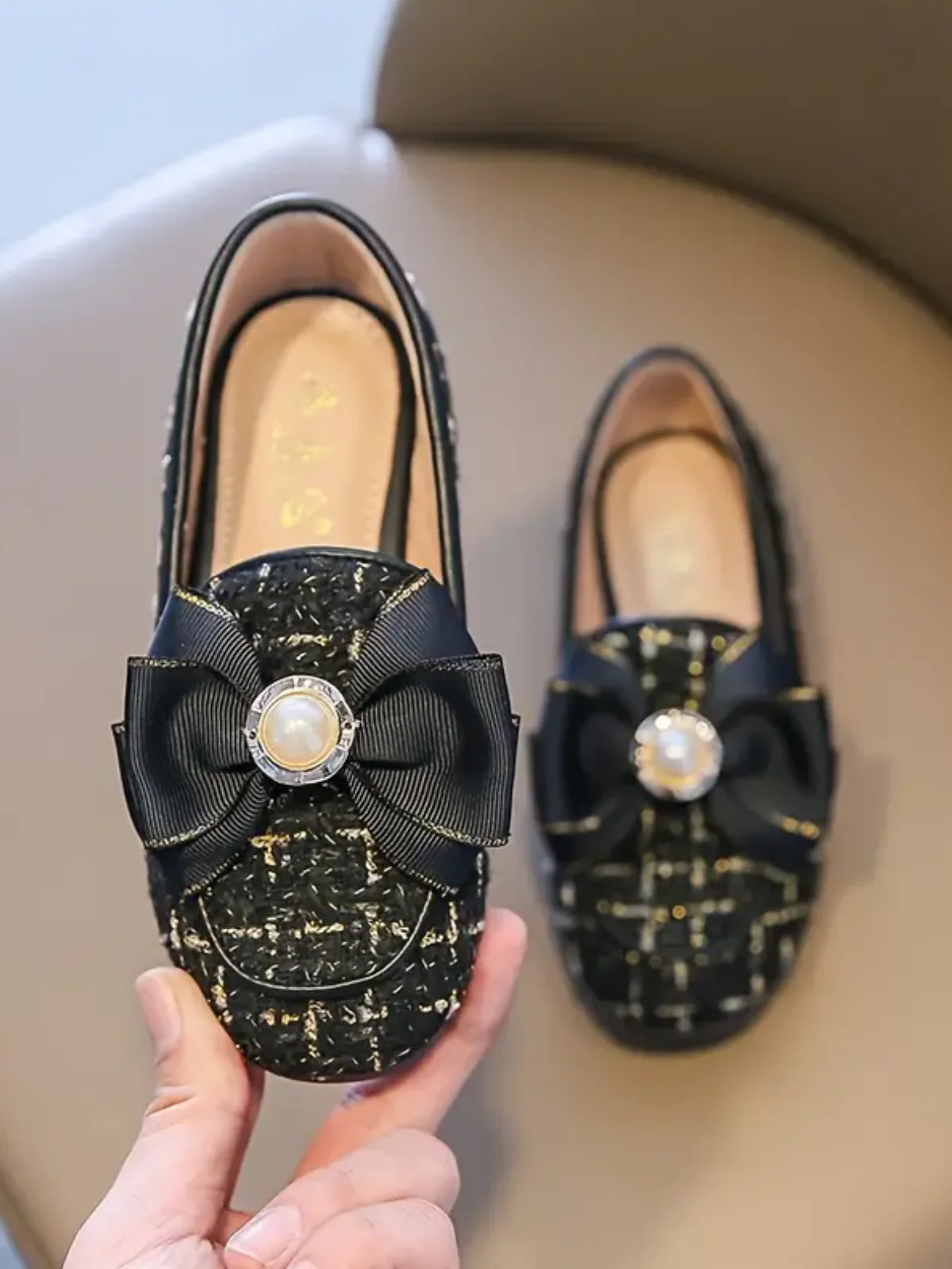 Girls Elegant Tweed Bow Loafers by Liv and Mia - Image 4