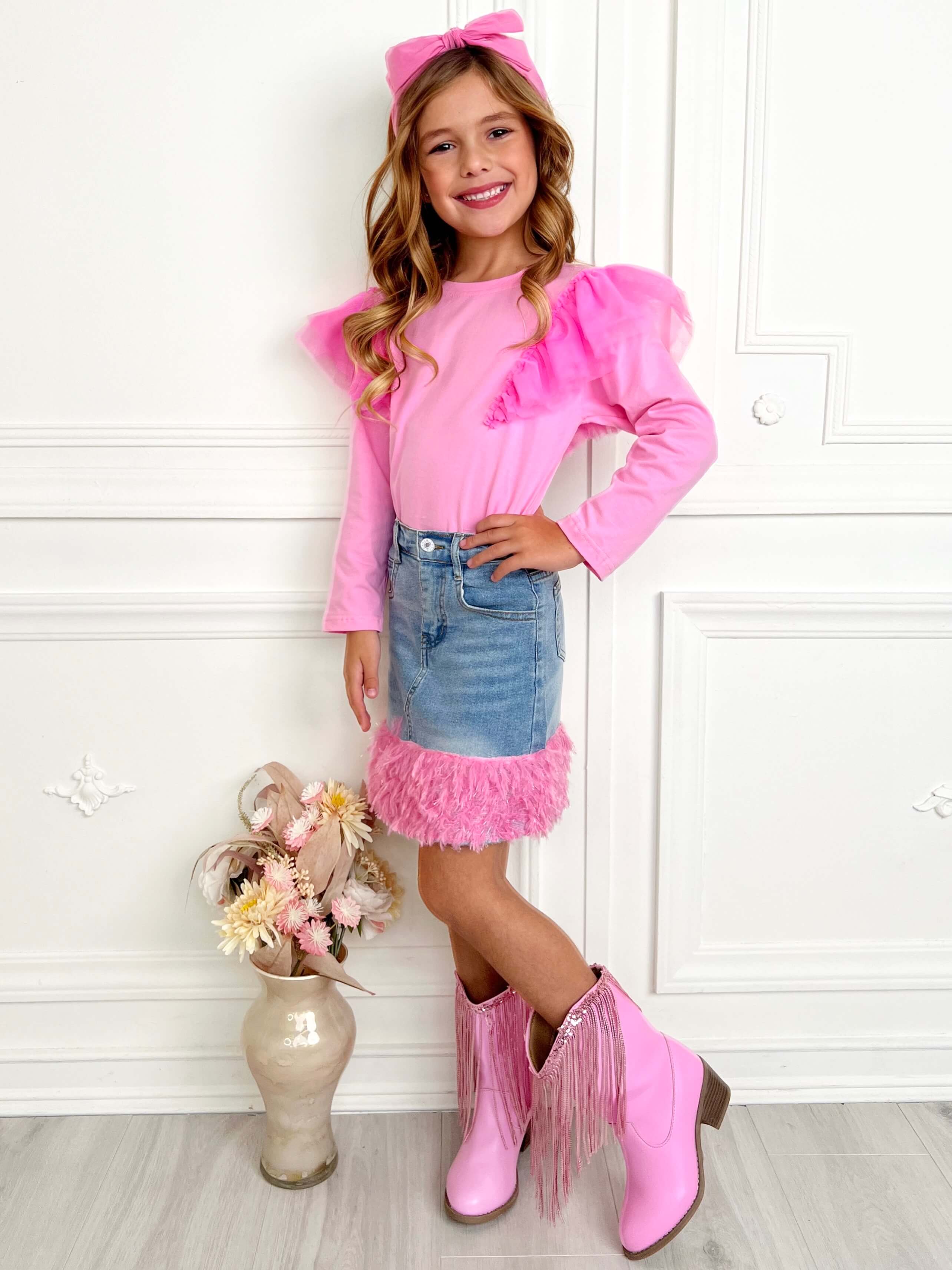 Pink Ruffle Top and Feather Trim Denim Skirt Set - Image 10