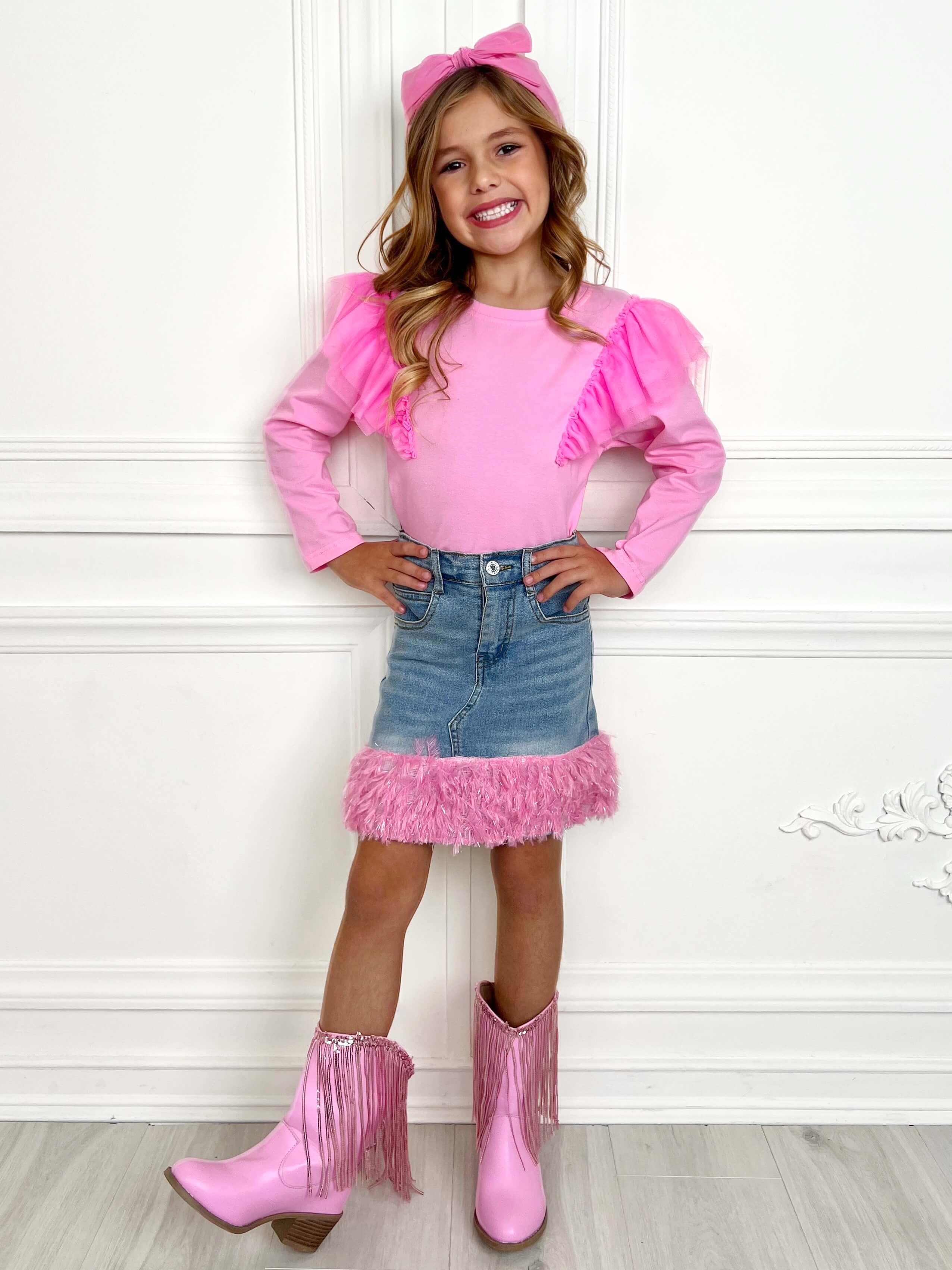 Pink Ruffle Top and Feather Trim Denim Skirt Set - Image 3