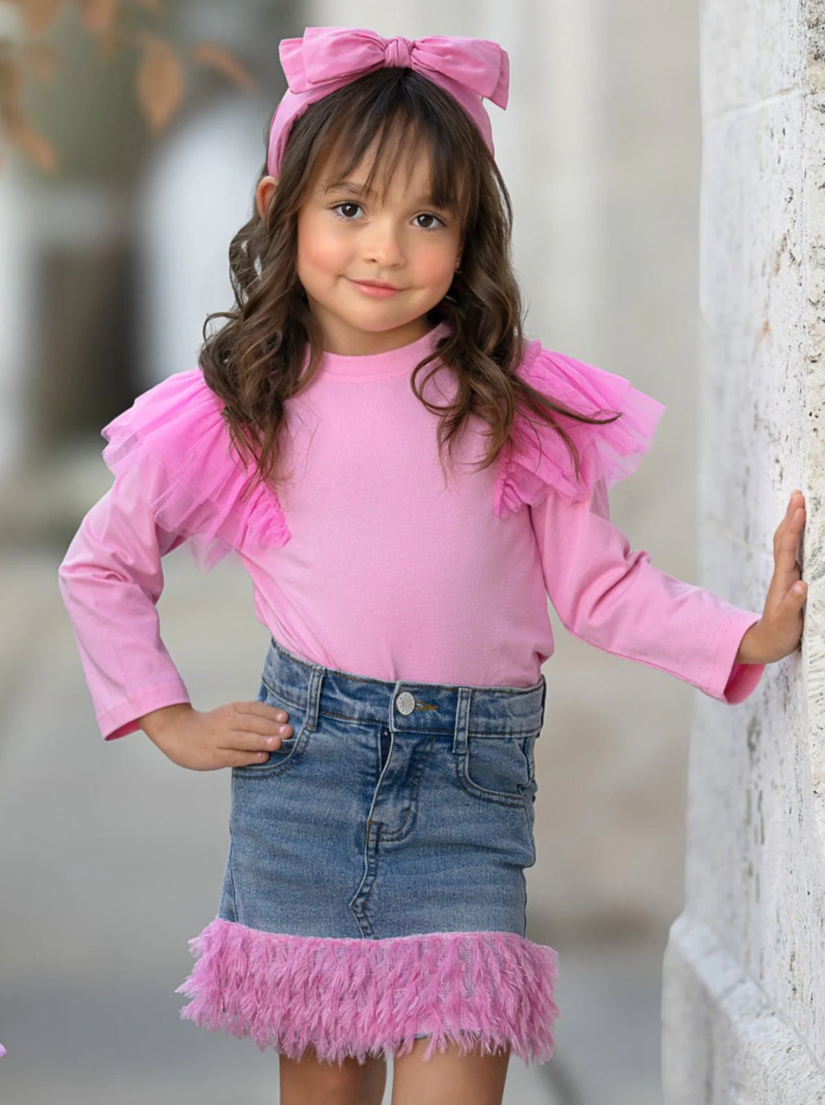 Pink Ruffle Top and Feather Trim Denim Skirt Set - Image 4