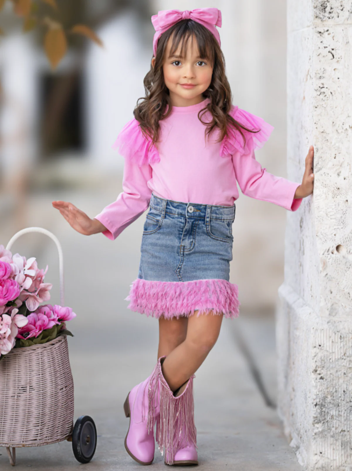 Pink Ruffle Top and Feather Trim Denim Skirt Set - Image 5