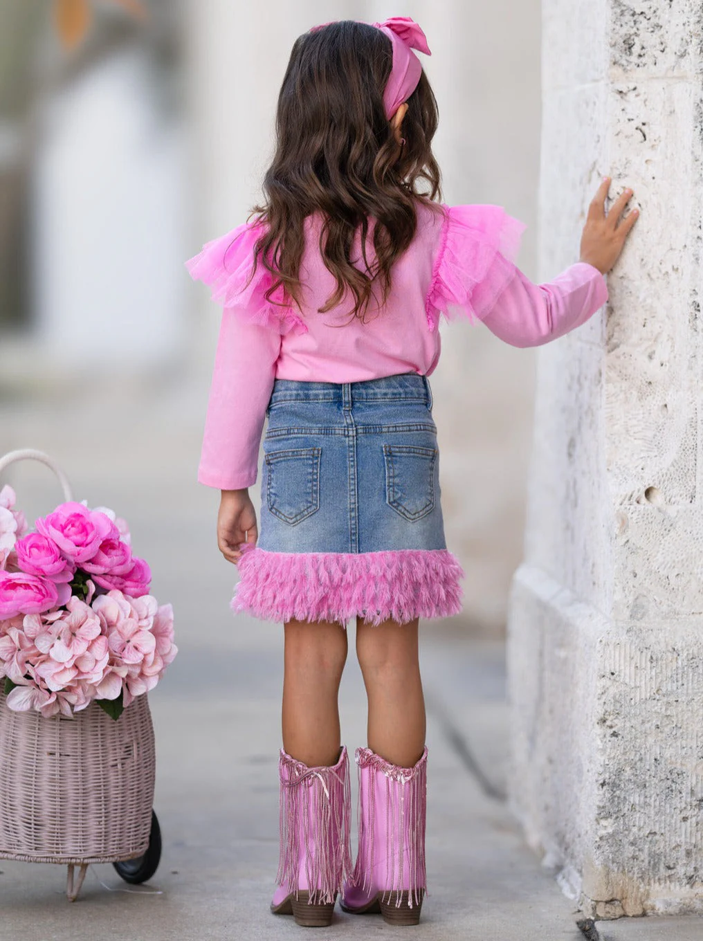 Pink Ruffle Top and Feather Trim Denim Skirt Set - Image 6