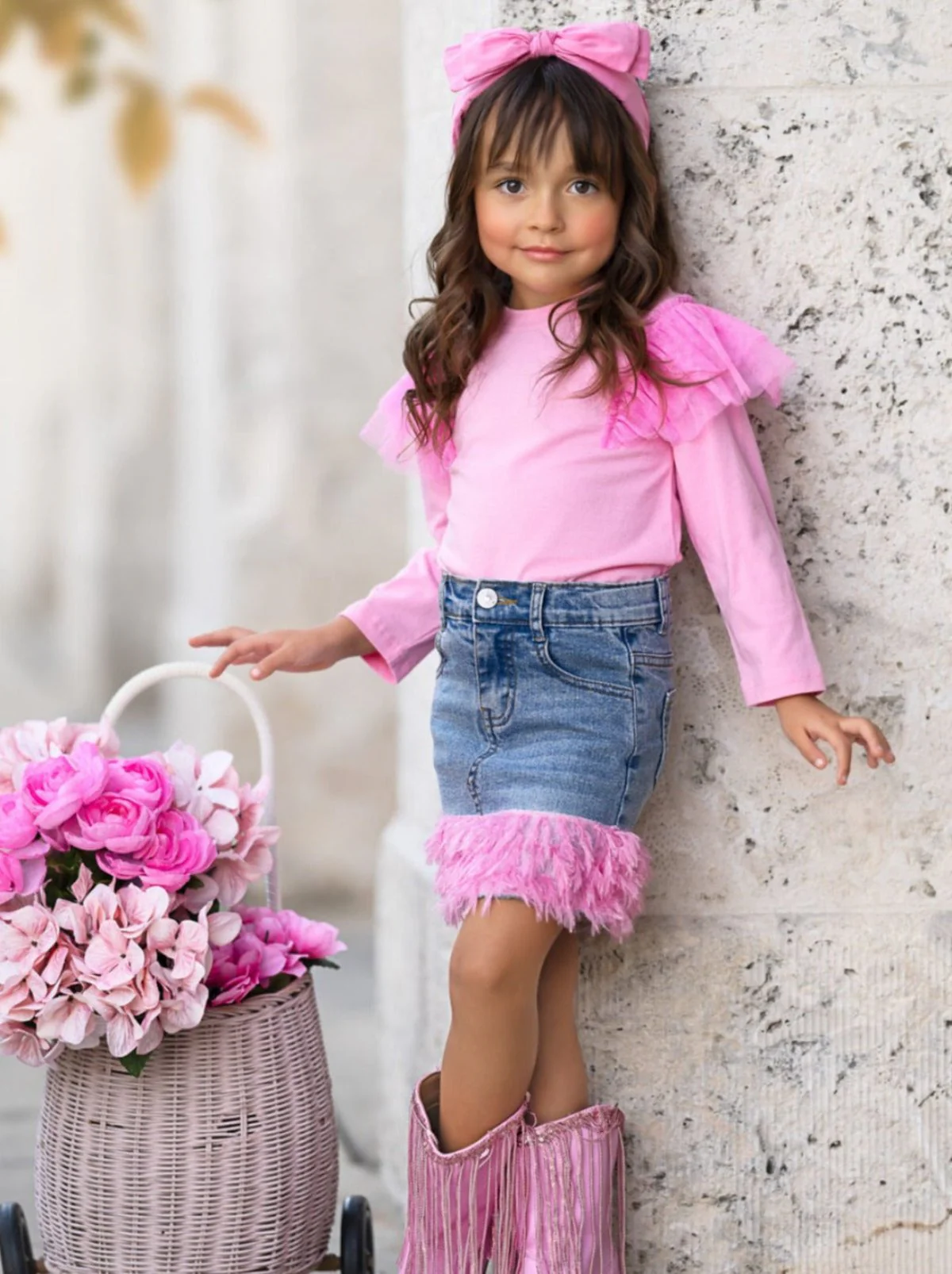 Pink Ruffle Top and Feather Trim Denim Skirt Set - Image 7