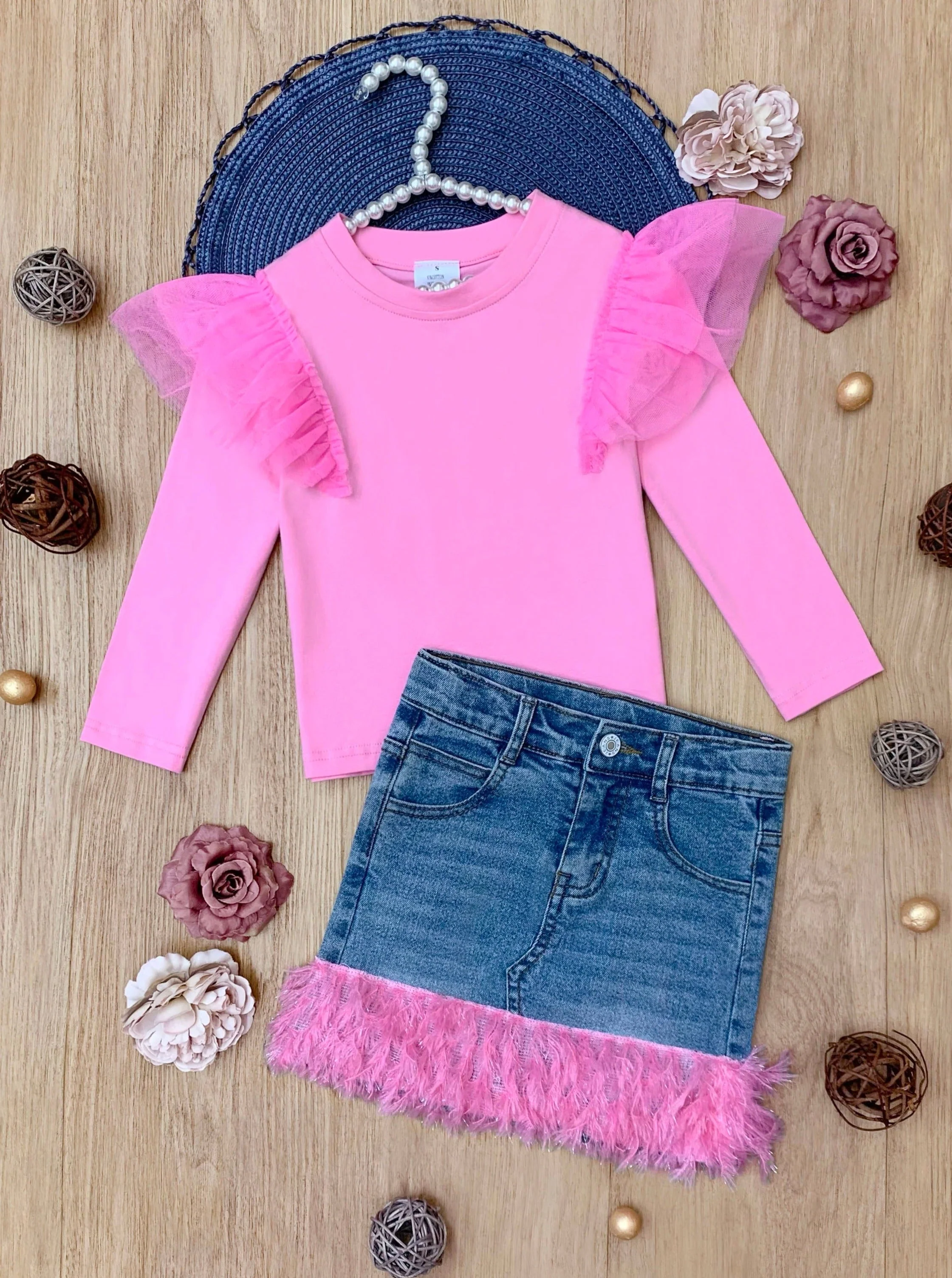 Pink Ruffle Top and Feather Trim Denim Skirt Set - Image 8