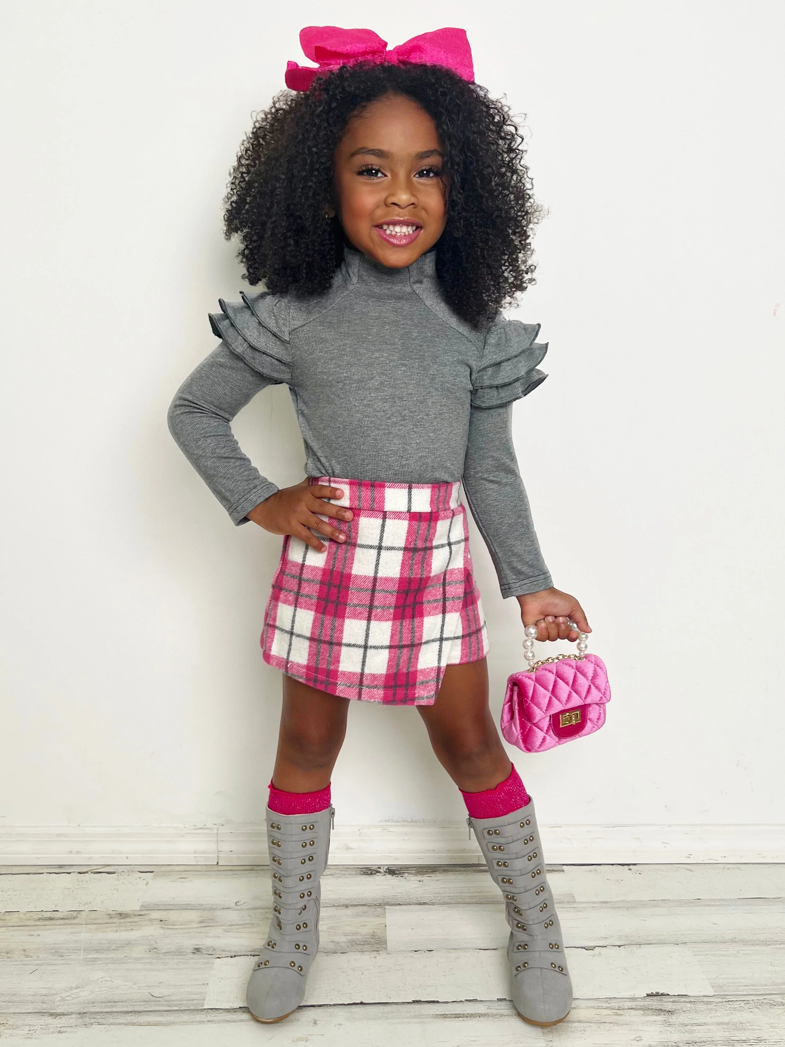In Vogue Ruffle Sleeve Sweater and Checkered Skort Set - Image 2
