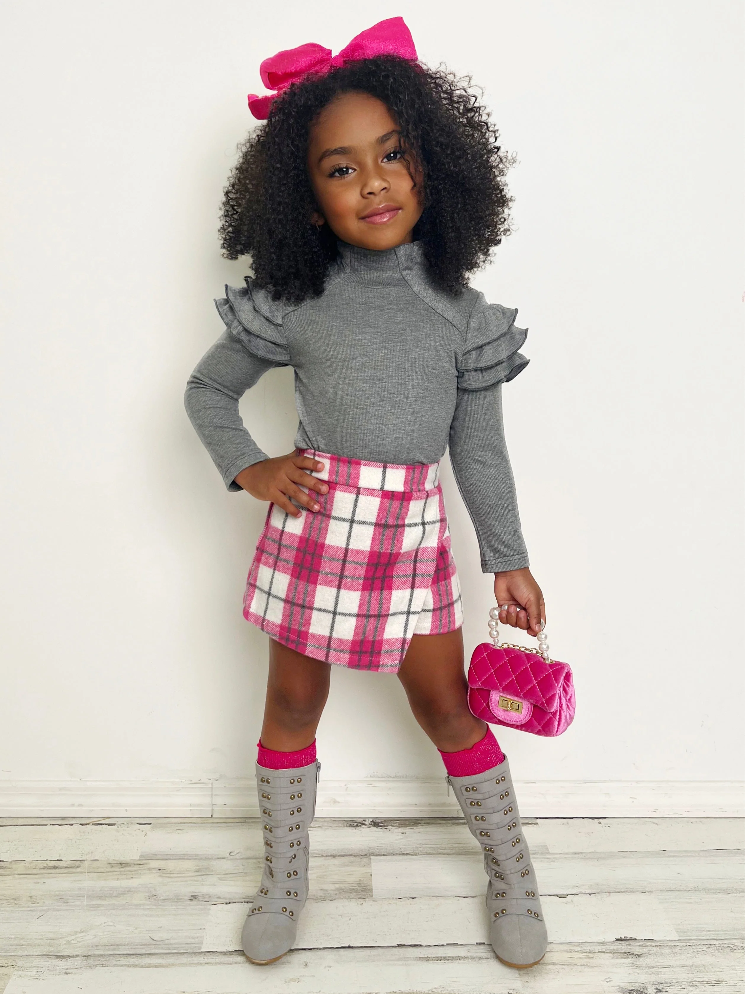 In Vogue Ruffle Sleeve Sweater and Checkered Skort Set - Image 3