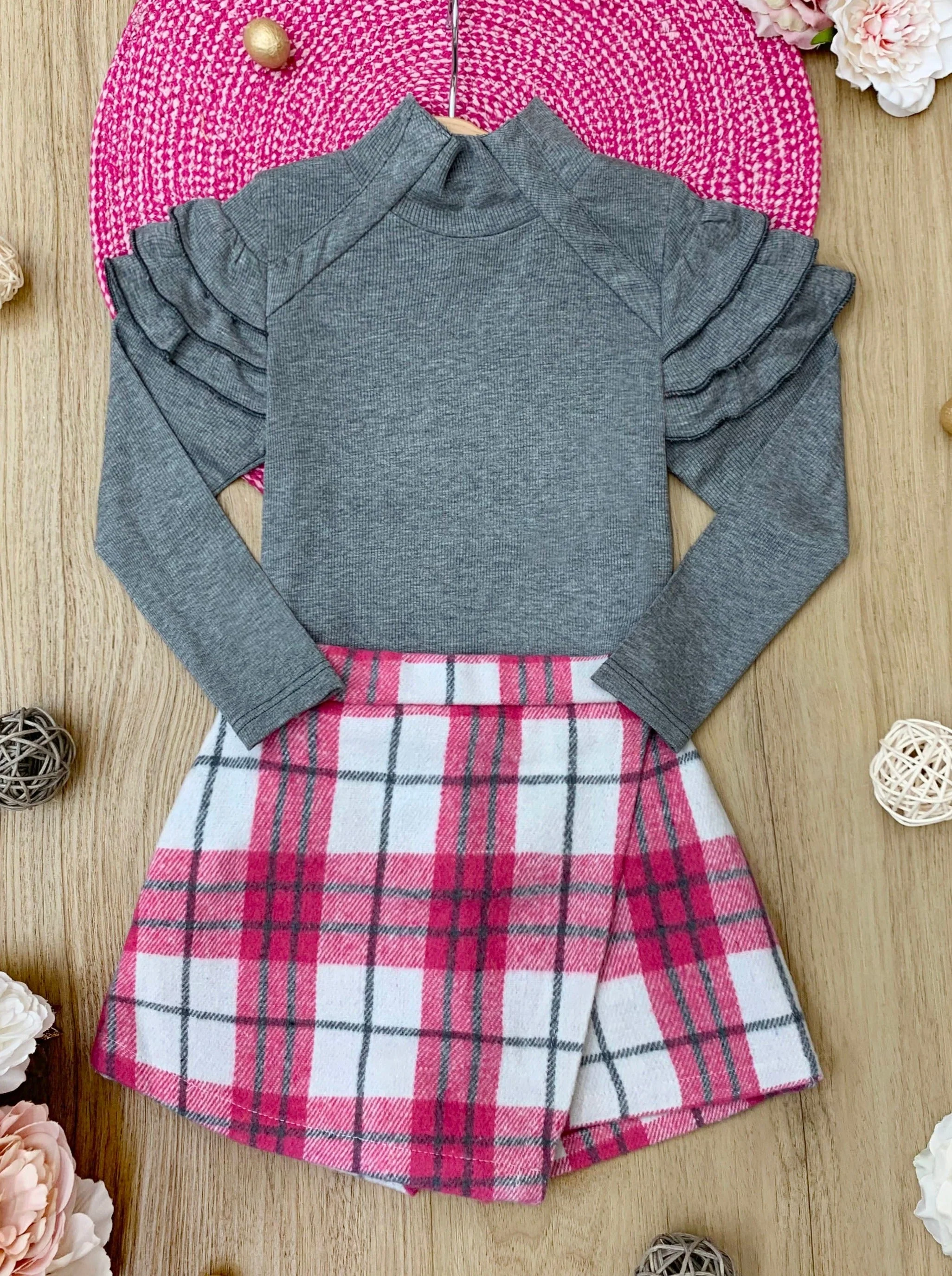 In Vogue Ruffle Sleeve Sweater and Checkered Skort Set - Image 4