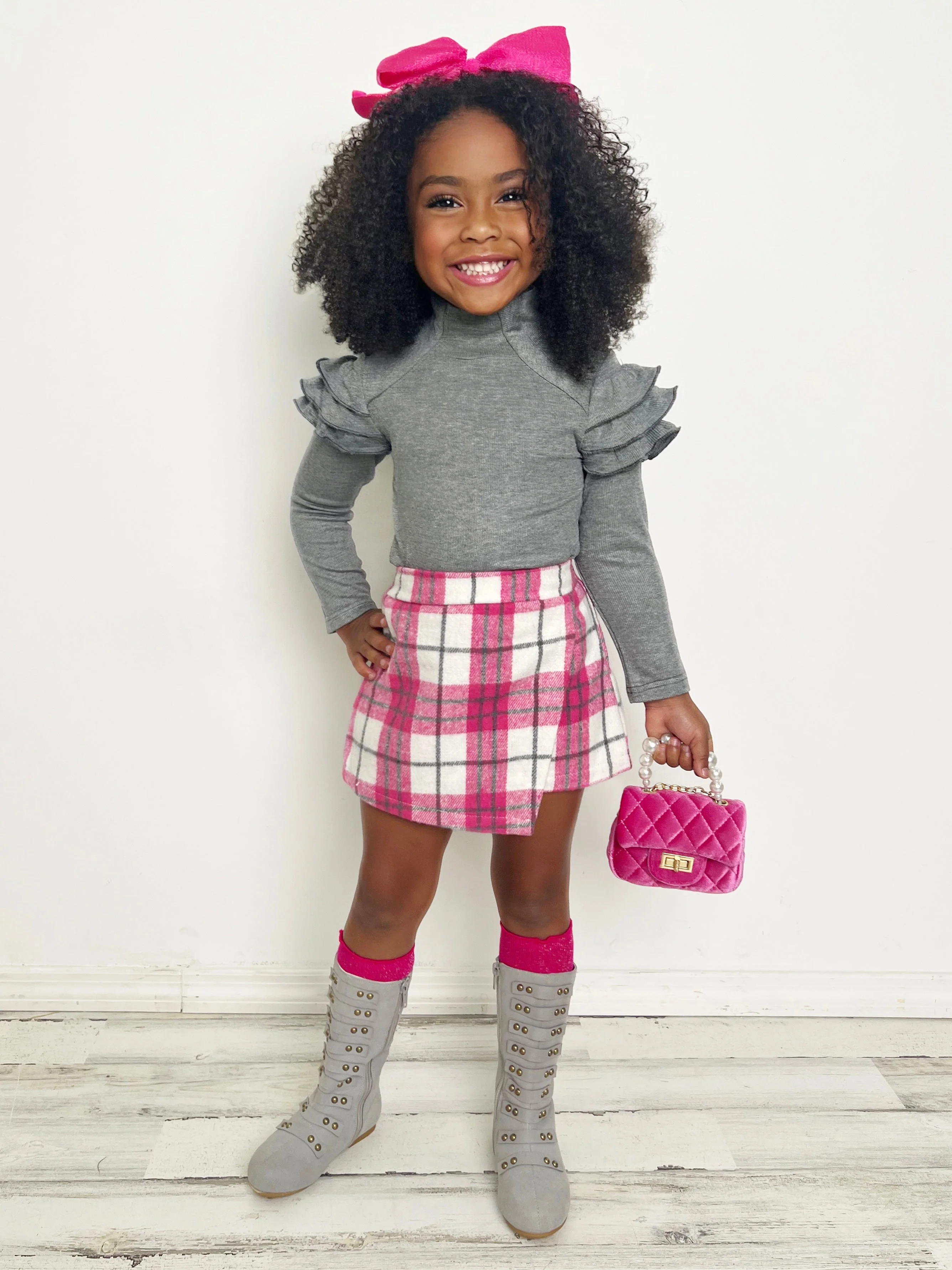 In Vogue Ruffle Sleeve Sweater and Checkered Skort Set - Image 5