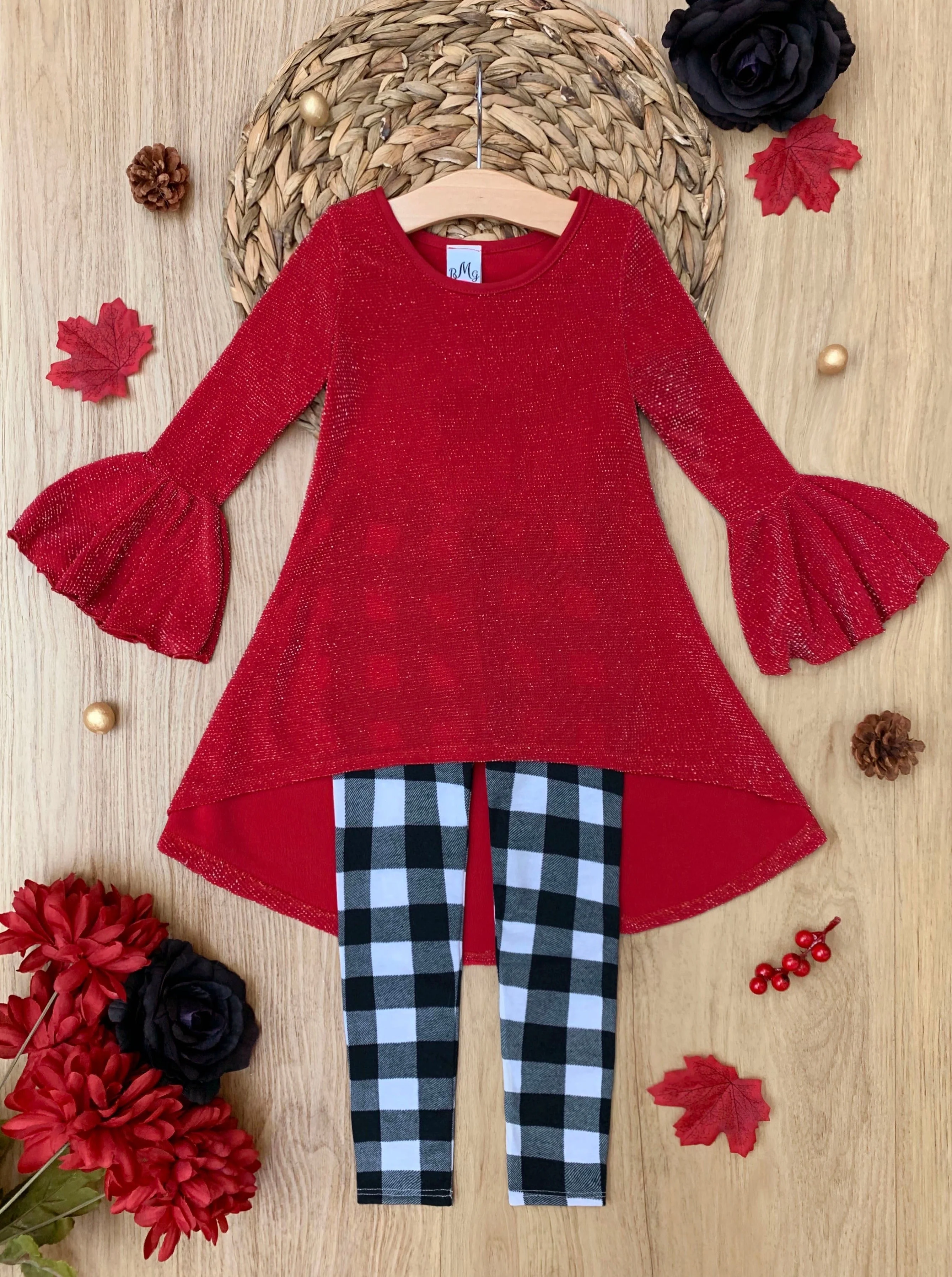 Autumn Glow Red Tunic Top And Gingham Legging Set - Image 2