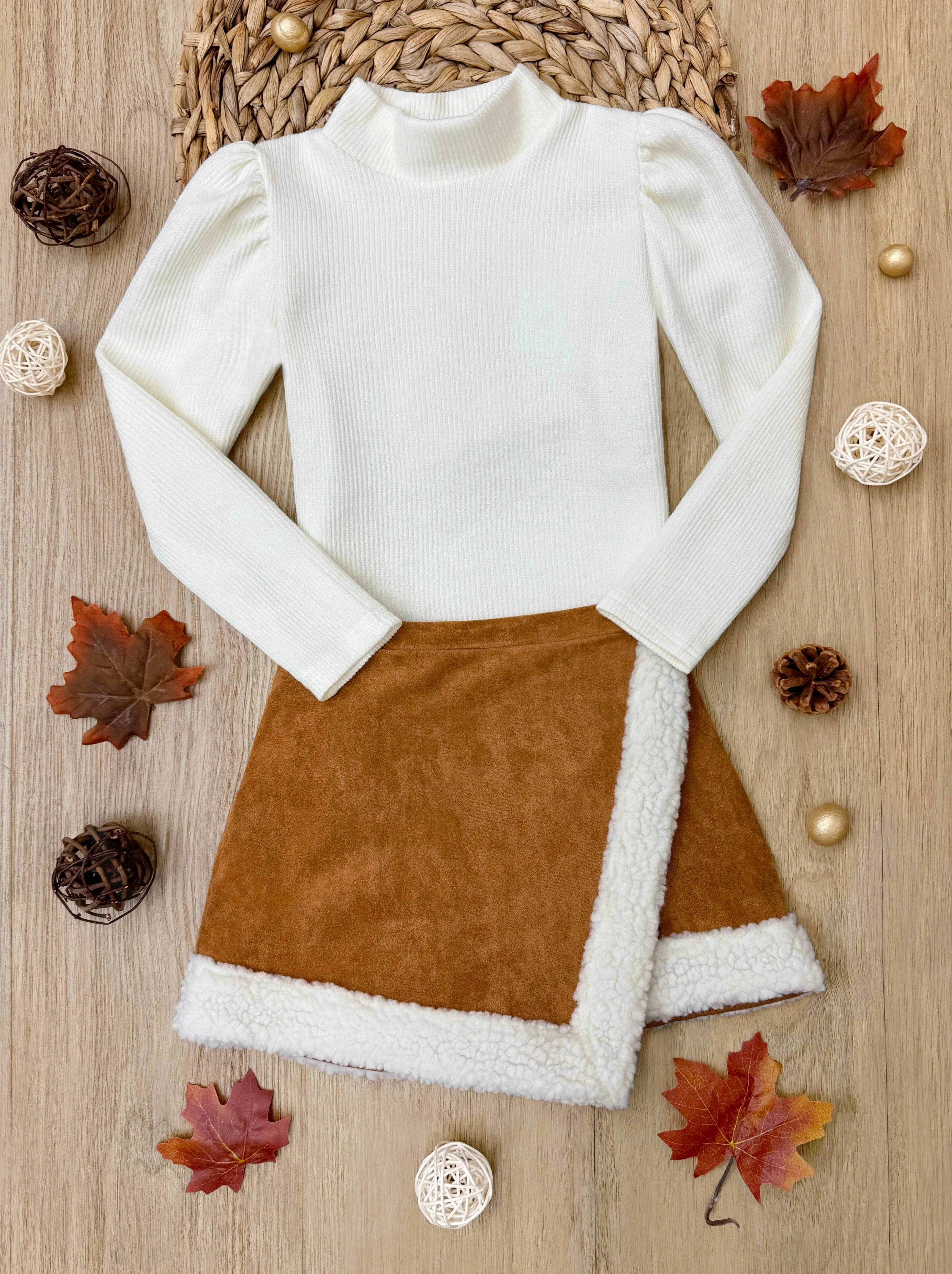 Ivory Turtleneck Top and Camel Fur Trimmed Skort Set - Image 3