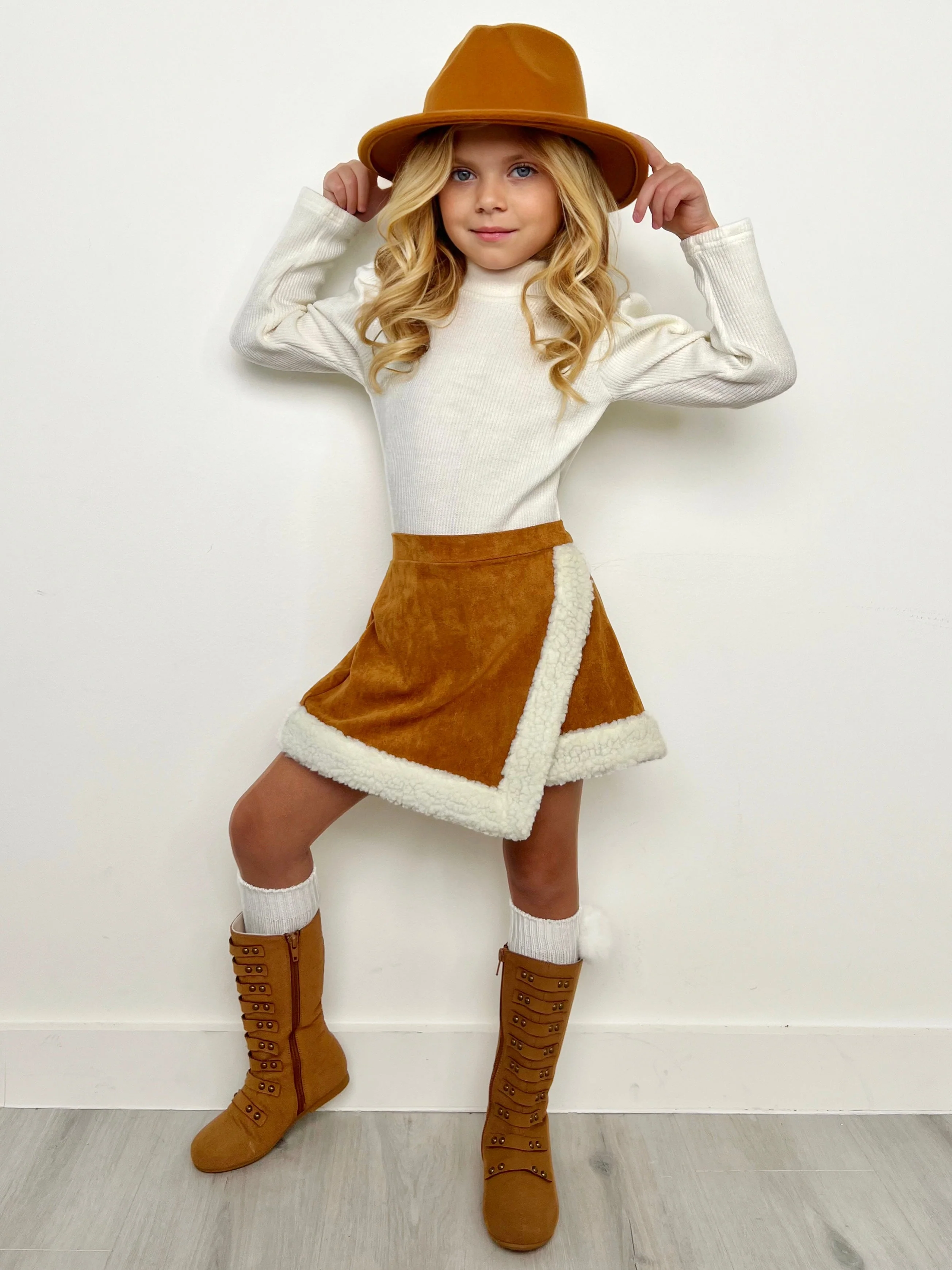 Ivory Turtleneck Top and Camel Fur Trimmed Skort Set - Image 4