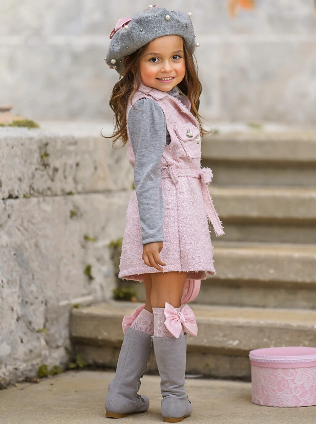 Forever Chic Grey Turtleneck and Belted Pink Tweed Shacket Dress Set - Image 2